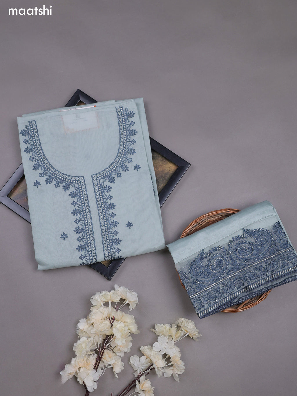 Teal Blue Mul Chanderi Dress Materials With Embroidery Work Neck Pattern