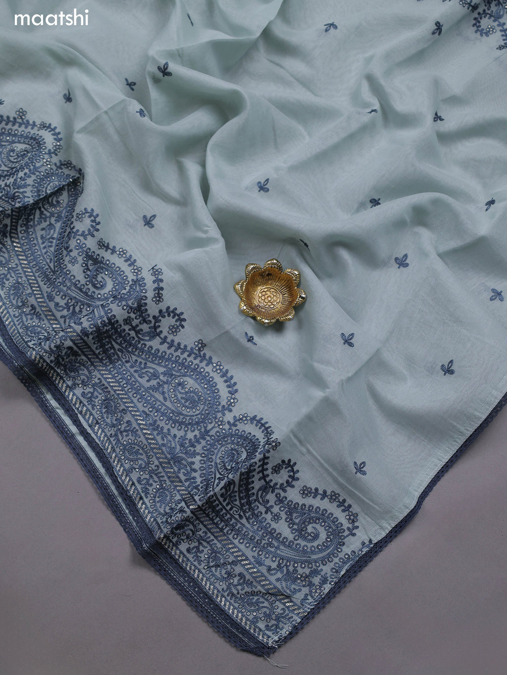 Teal Blue Mul Chanderi Dress Materials With Embroidery Work Neck Pattern