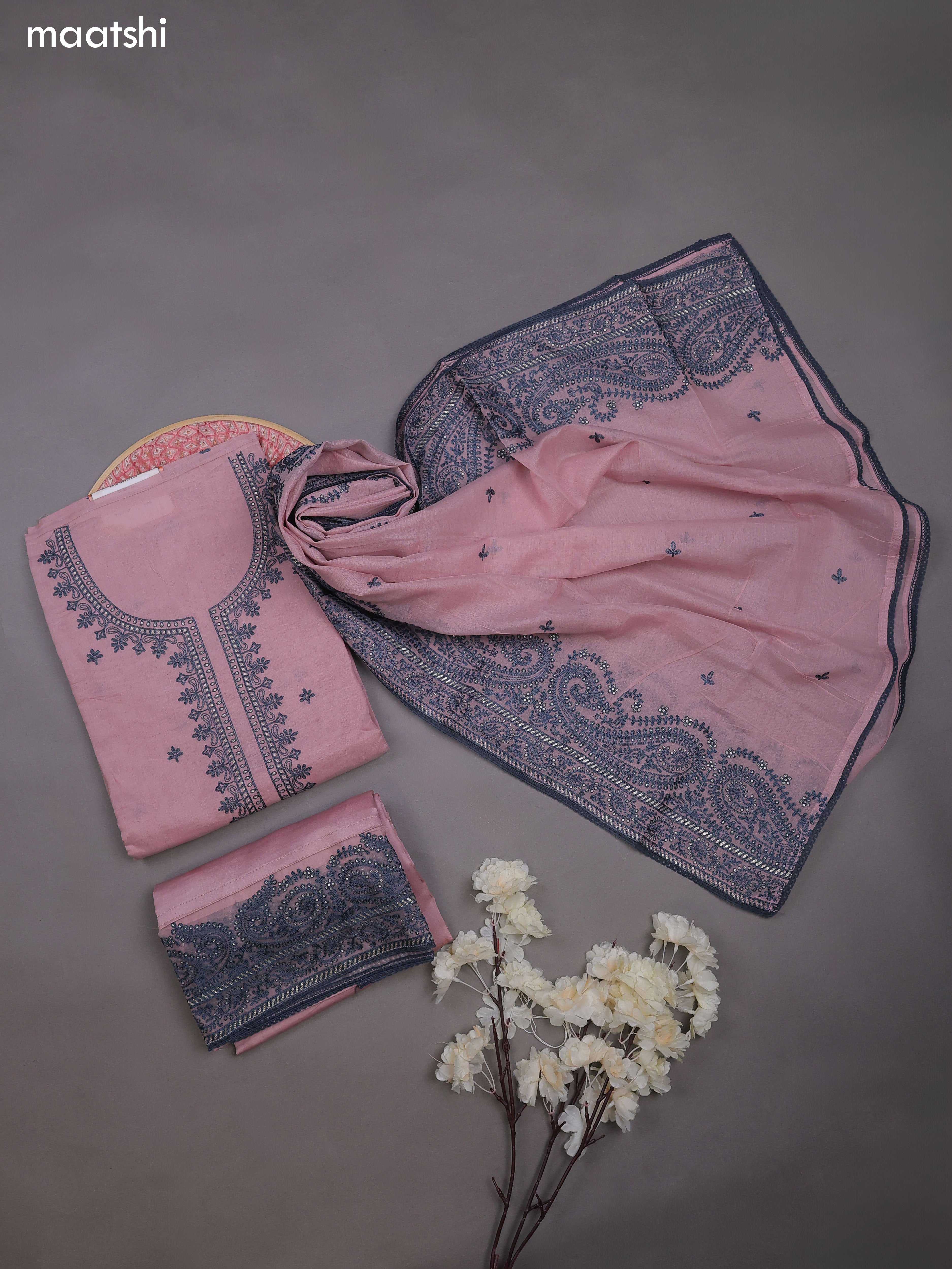 Mauve Pink Mul Chanderi Dress Materials With Embroidery Work Neck Pattern