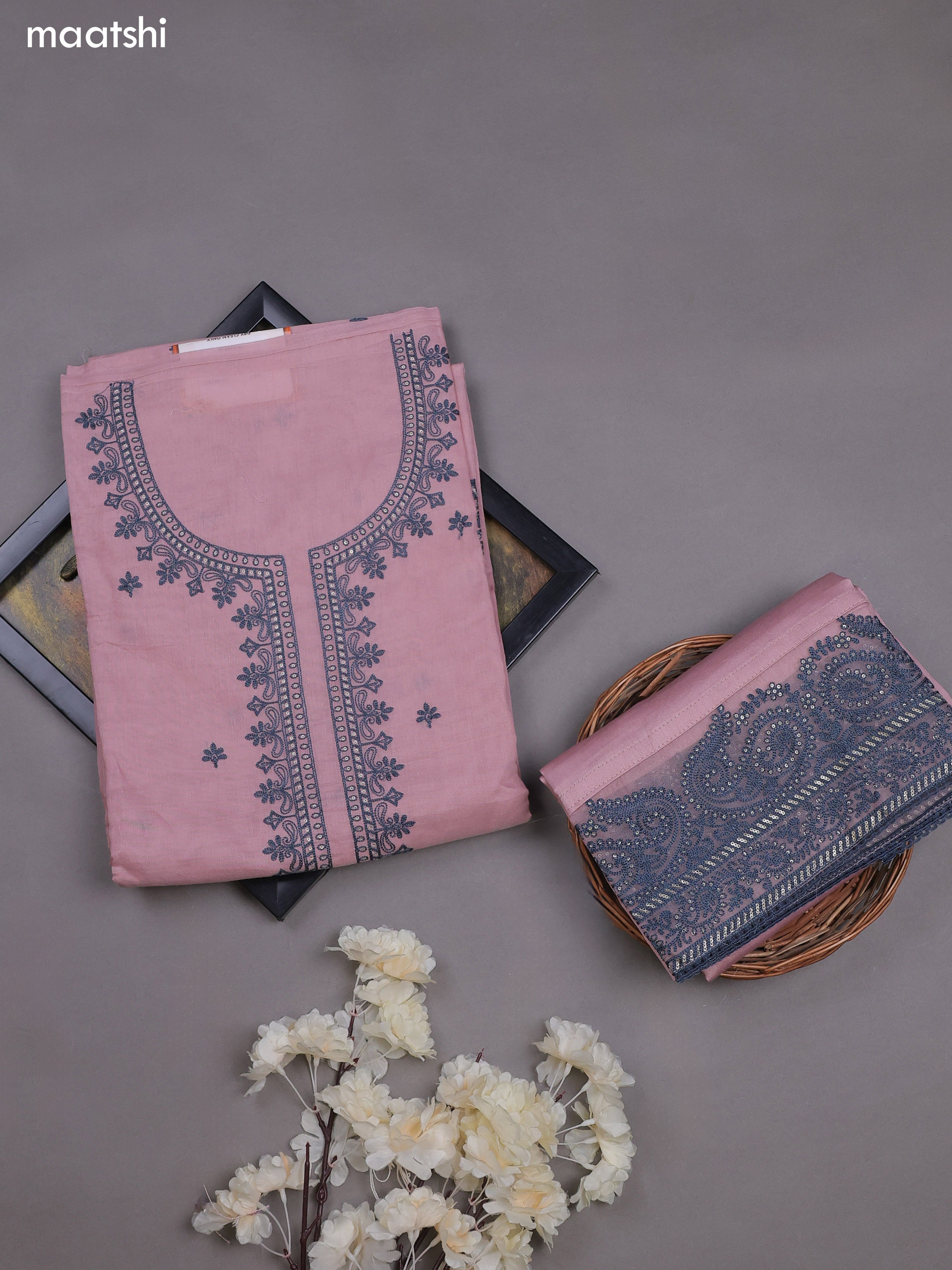 Mauve Pink Mul Chanderi Dress Materials With Embroidery Work Neck Pattern