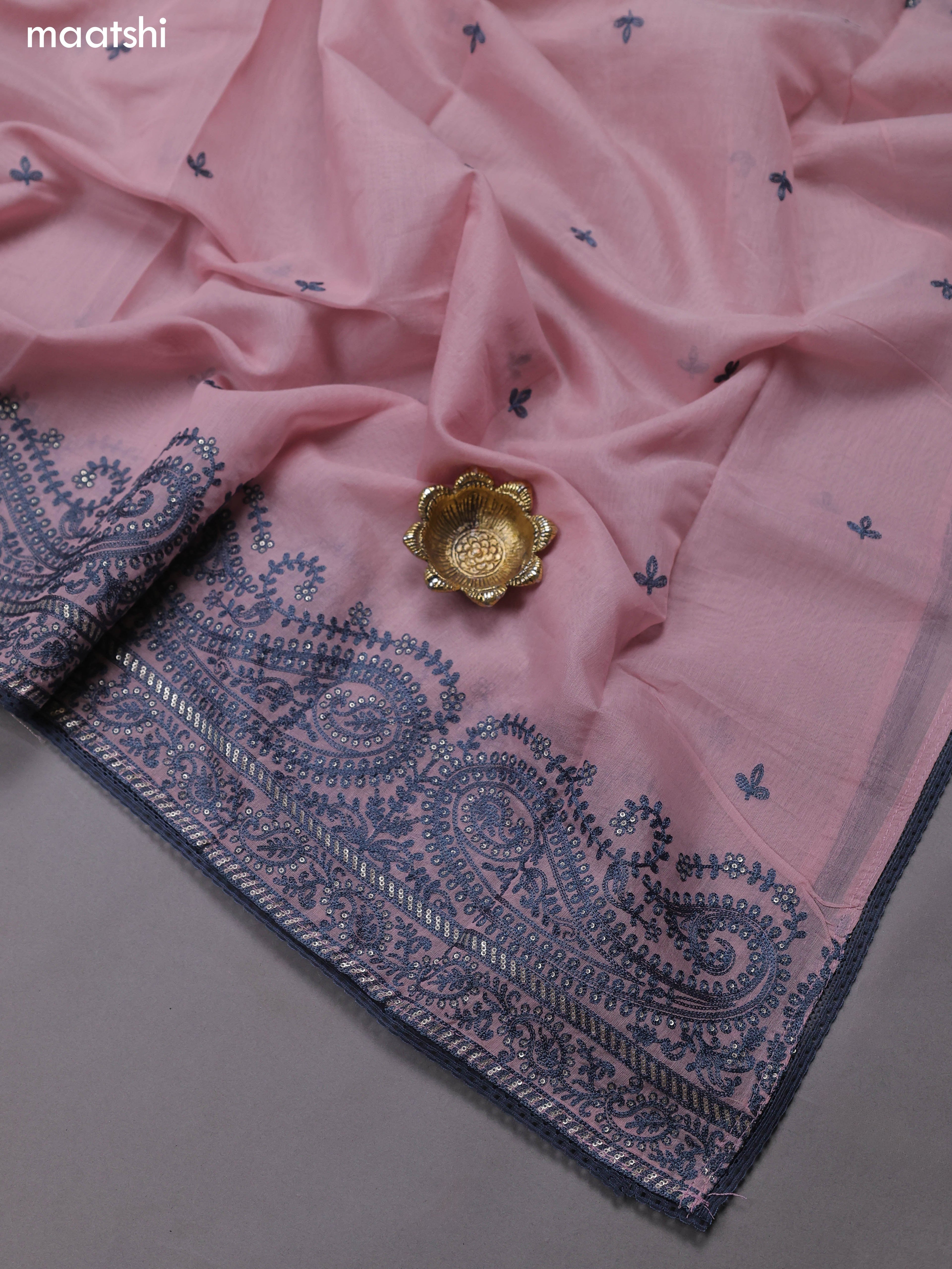Mauve Pink Mul Chanderi Dress Materials With Embroidery Work Neck Pattern