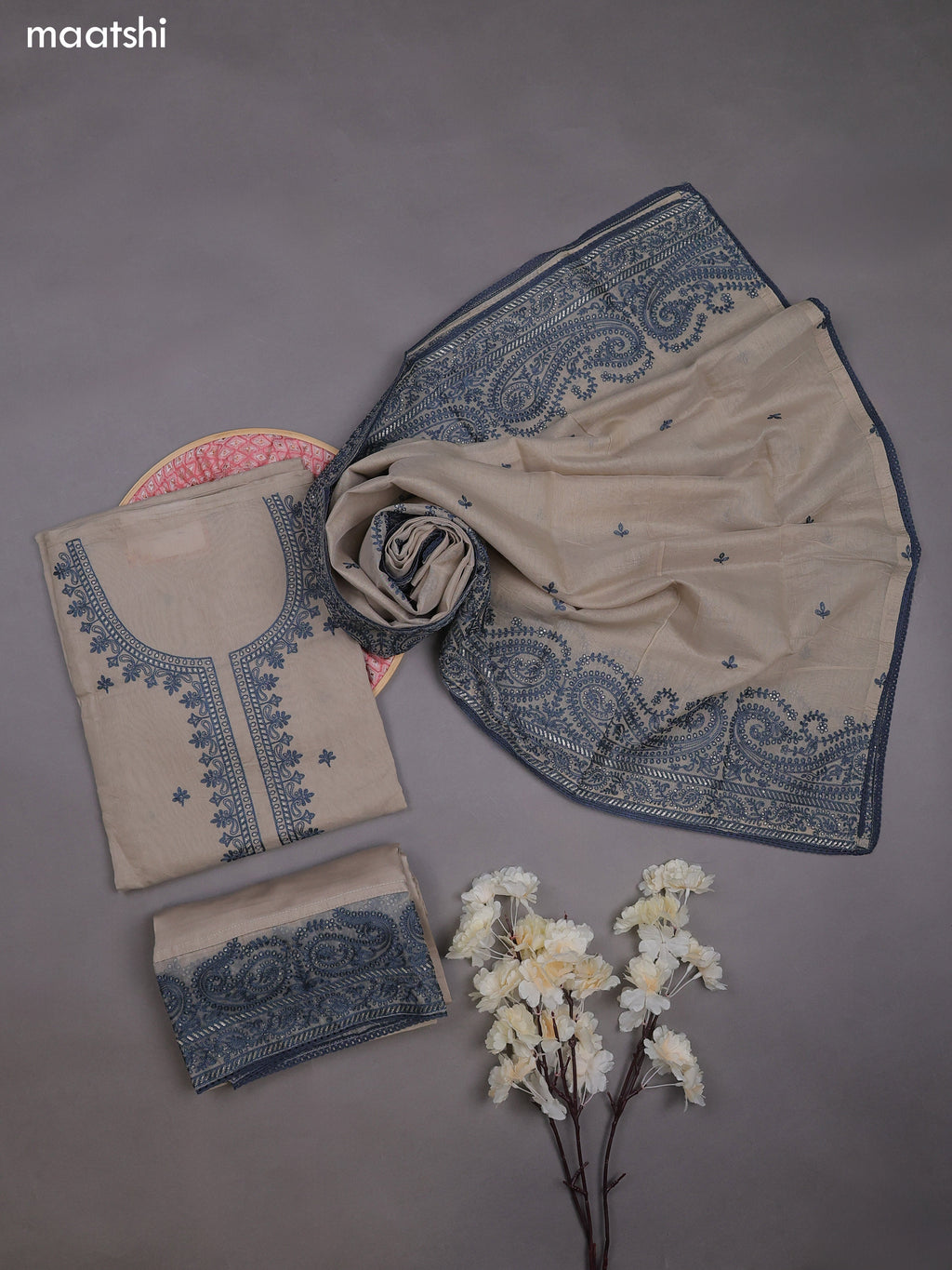Grey Mul Chanderi Dress Materials With Embroidery Work Neck Pattern