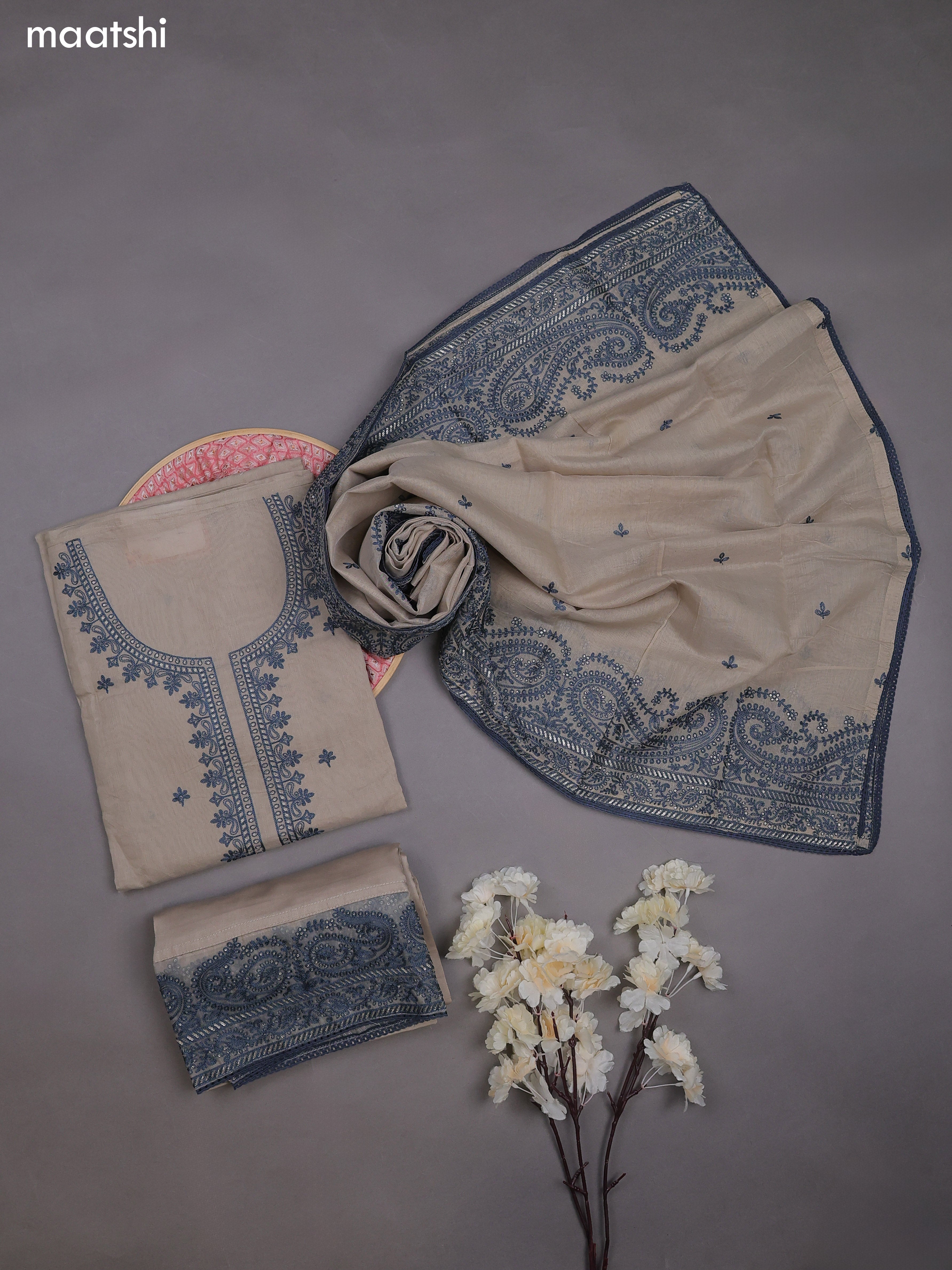 Grey Mul Chanderi Dress Materials With Embroidery Work Neck Pattern