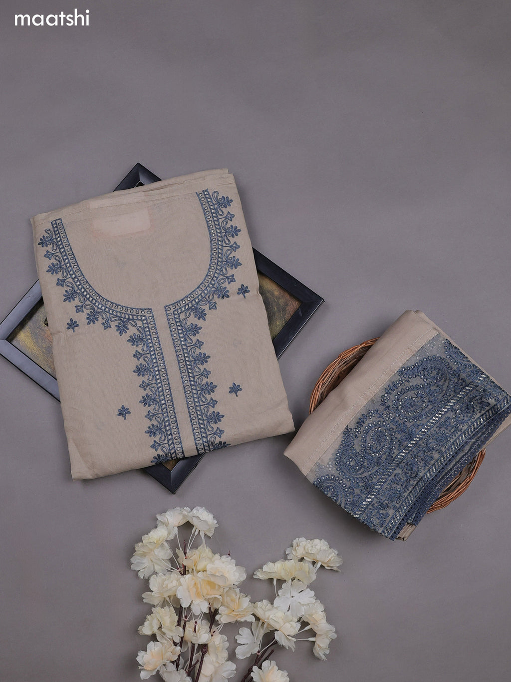 Grey Mul Chanderi Dress Materials With Embroidery Work Neck Pattern