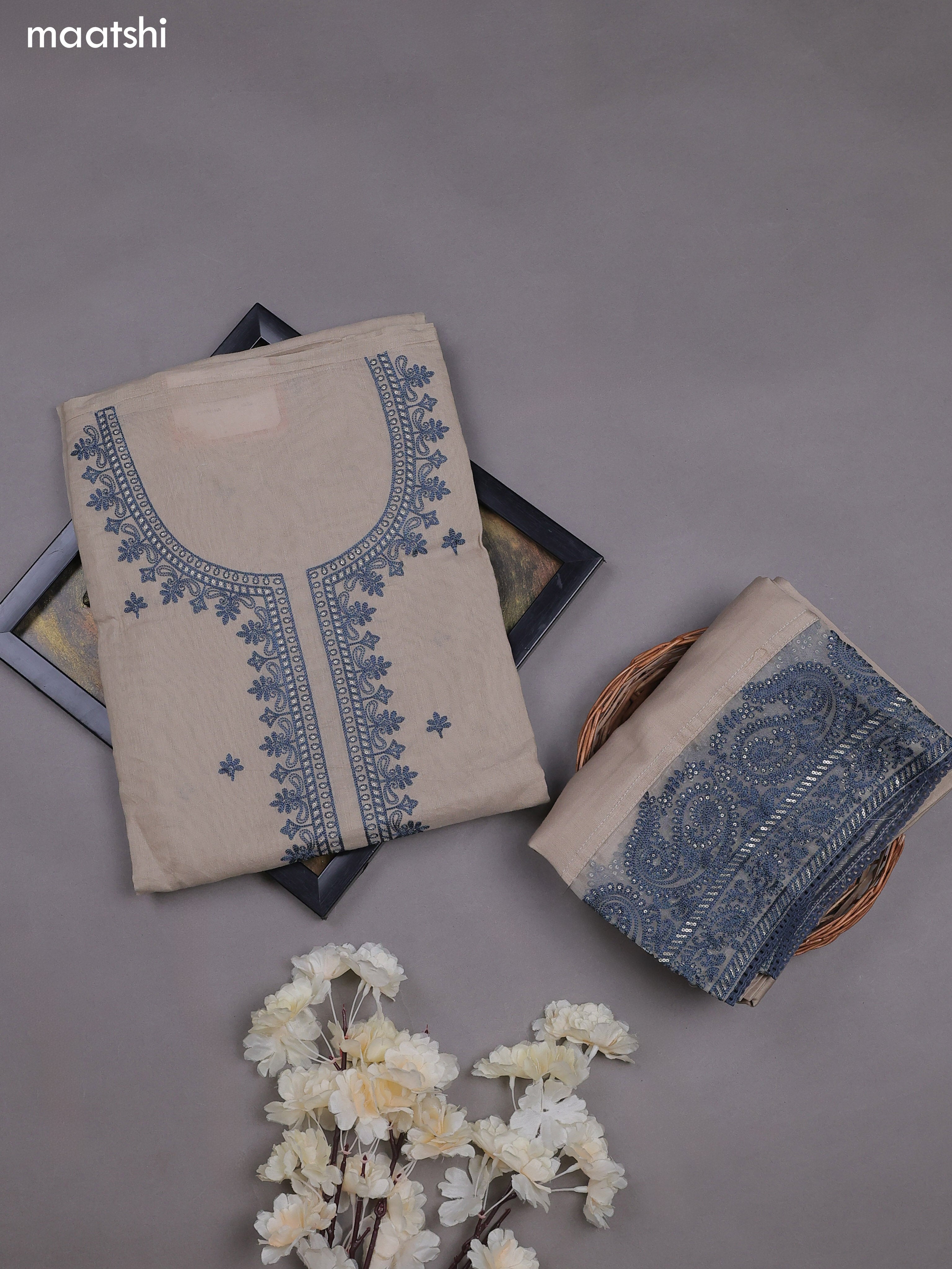Grey Mul Chanderi Dress Materials With Embroidery Work Neck Pattern