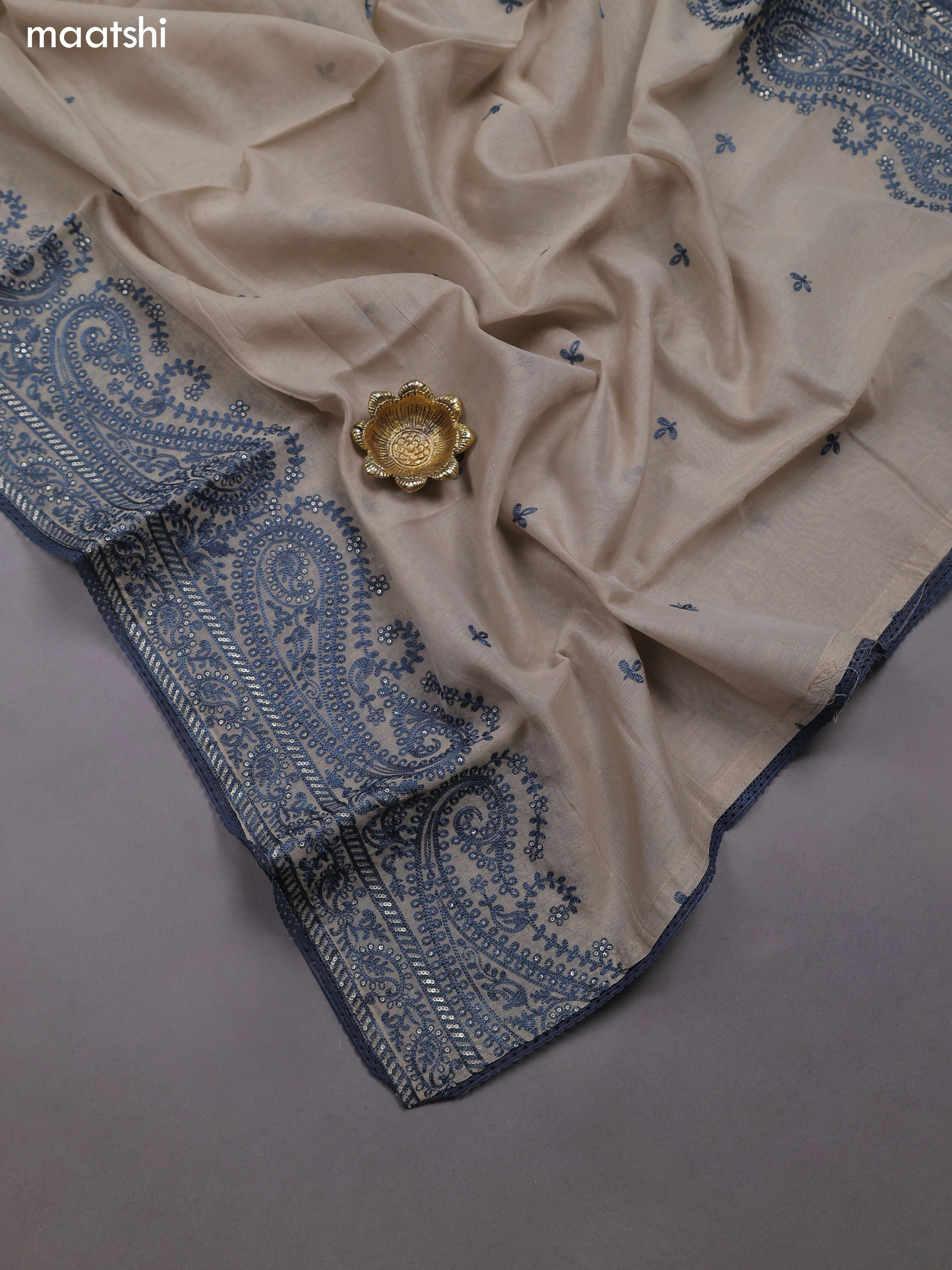 Grey Mul Chanderi Dress Materials With Embroidery Work Neck Pattern