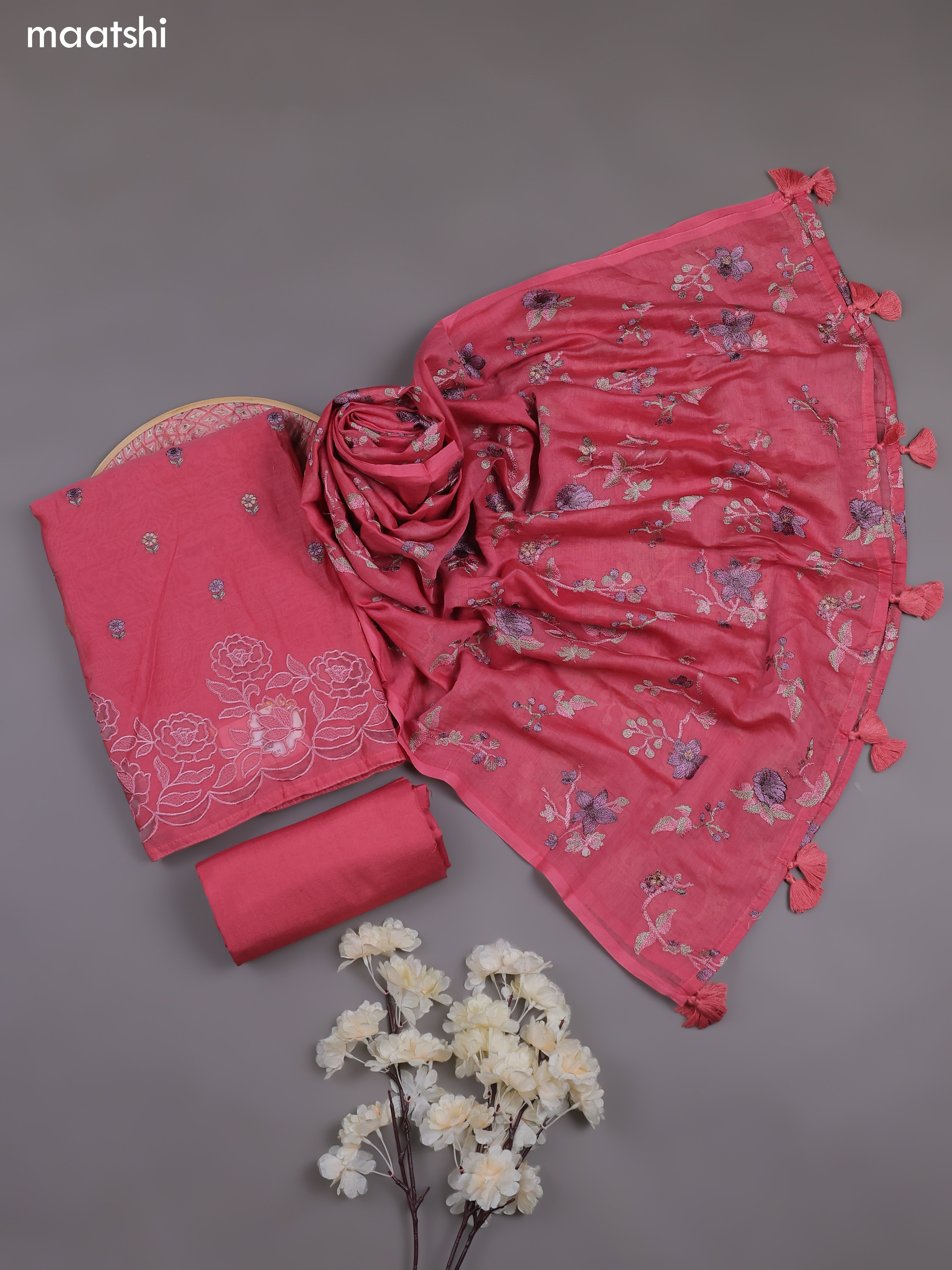 Peach Pink Mul Chanderi Dress Materials With Floral Embroidery Work Butta Pattern