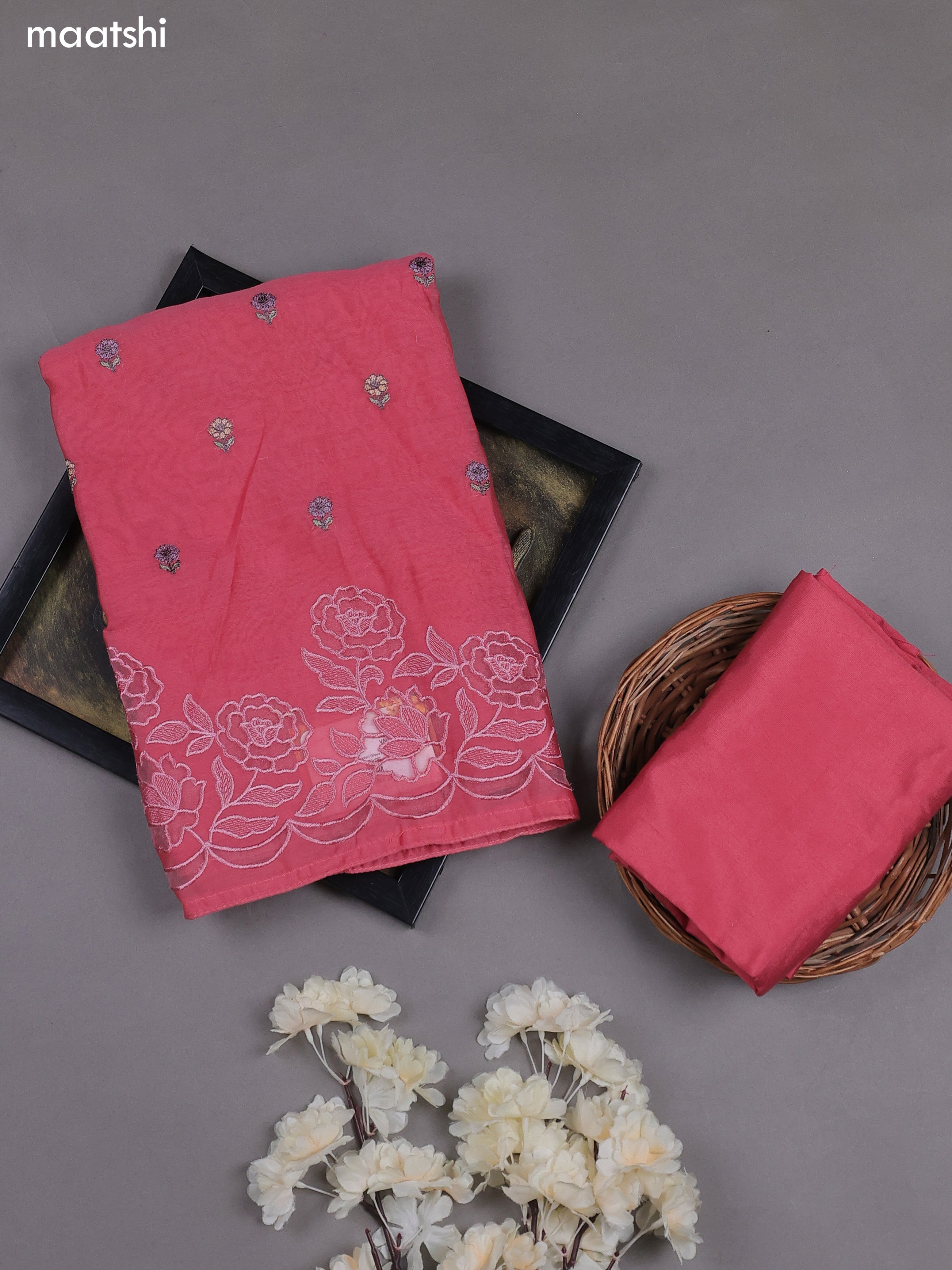 Peach Pink Mul Chanderi Dress Materials With Floral Embroidery Work Butta Pattern