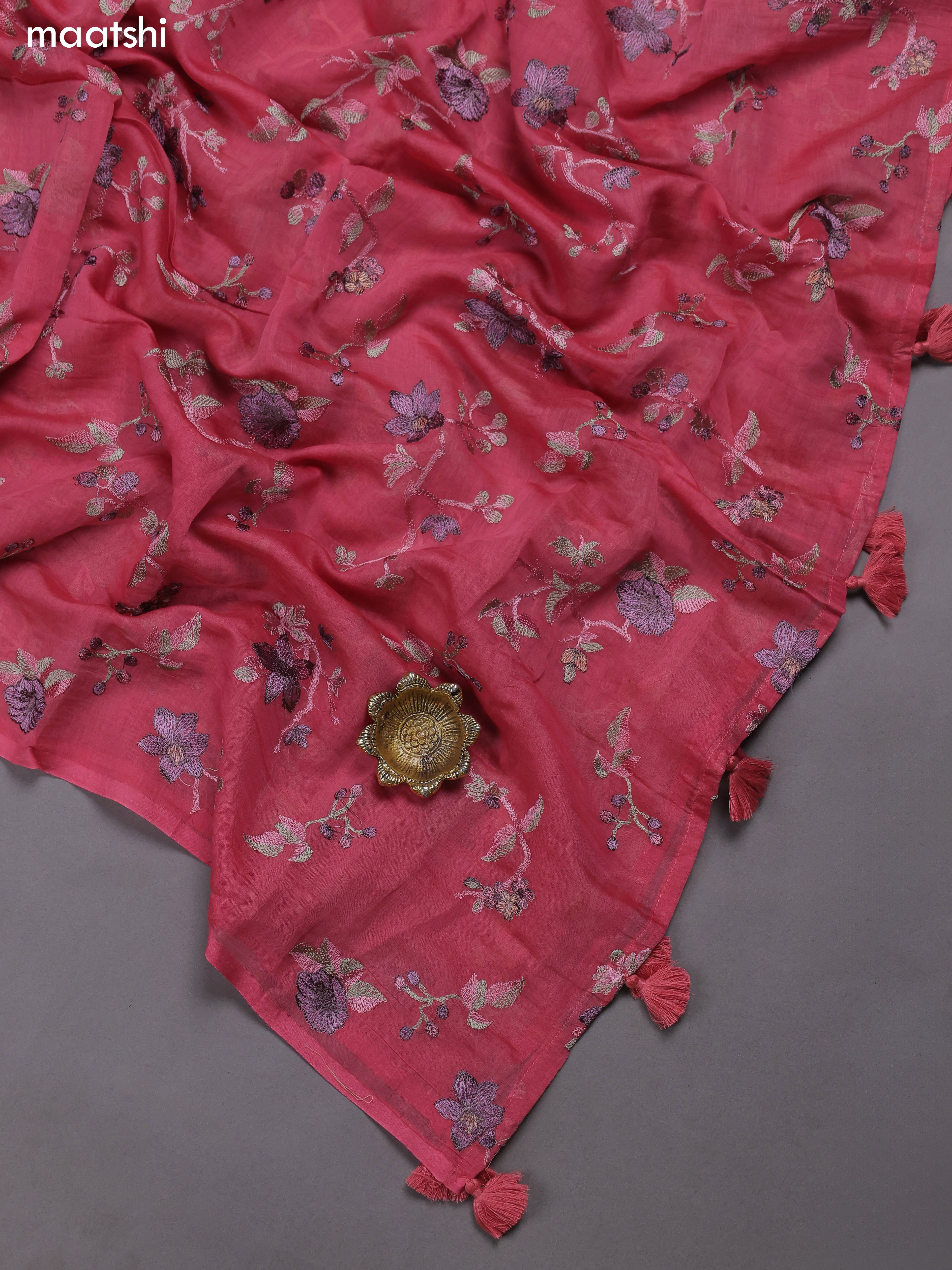 Peach Pink Mul Chanderi Dress Materials With Floral Embroidery Work Butta Pattern