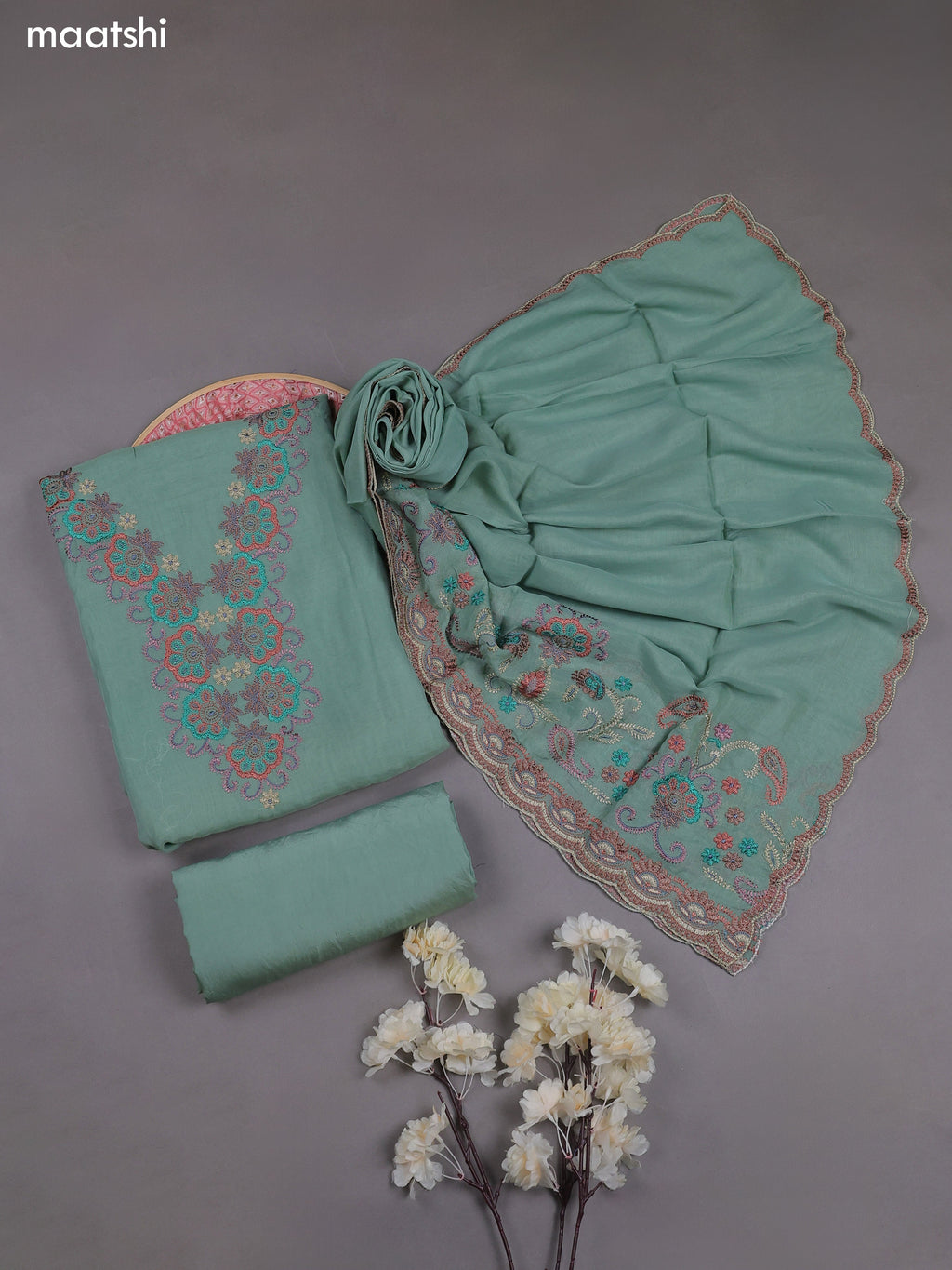 Pastel Green Mul Chanderi Dress Materials With Embroidery Work Neck Pattern