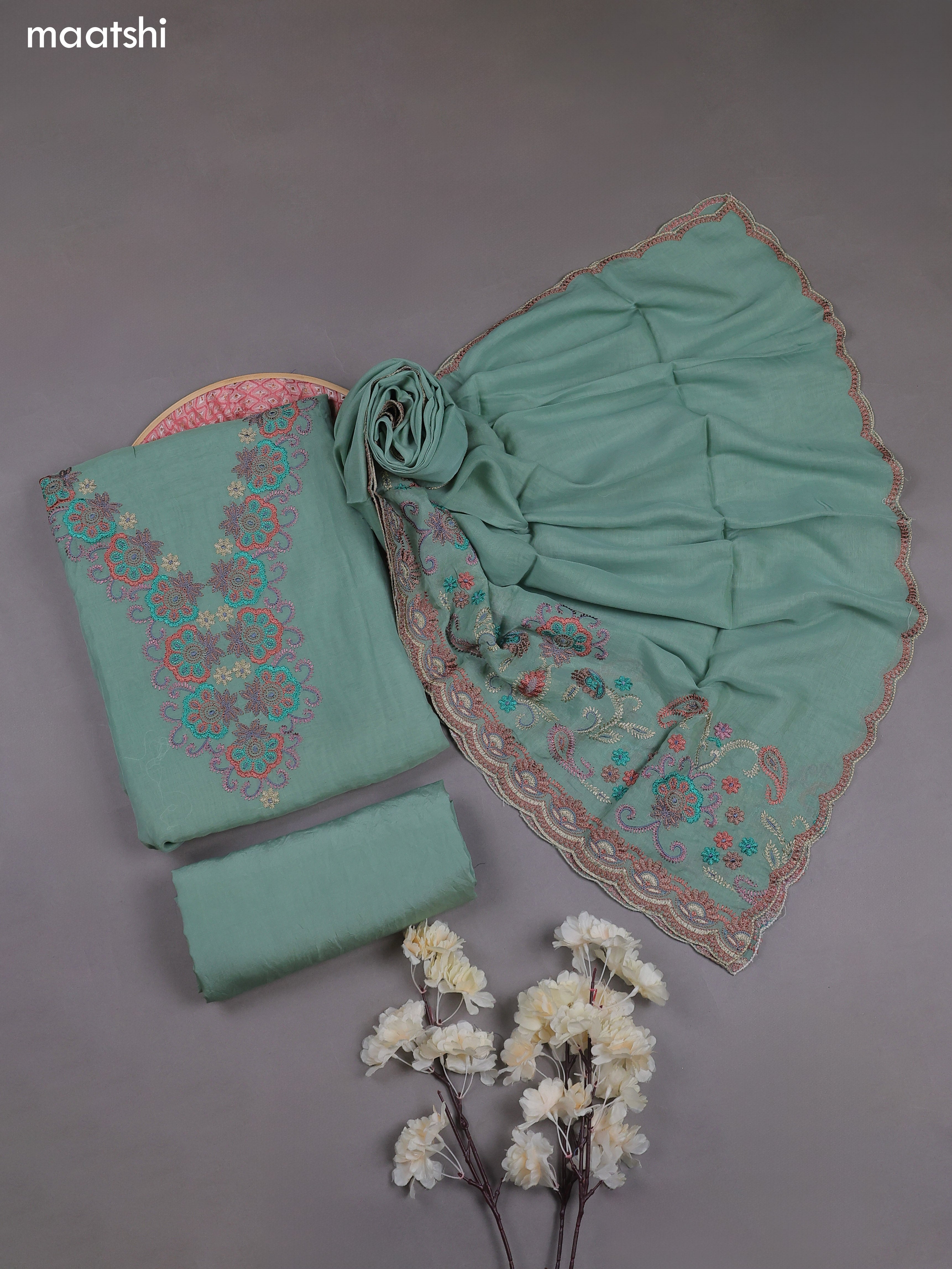 Pastel Green Mul Chanderi Dress Materials With Embroidery Work Neck Pattern
