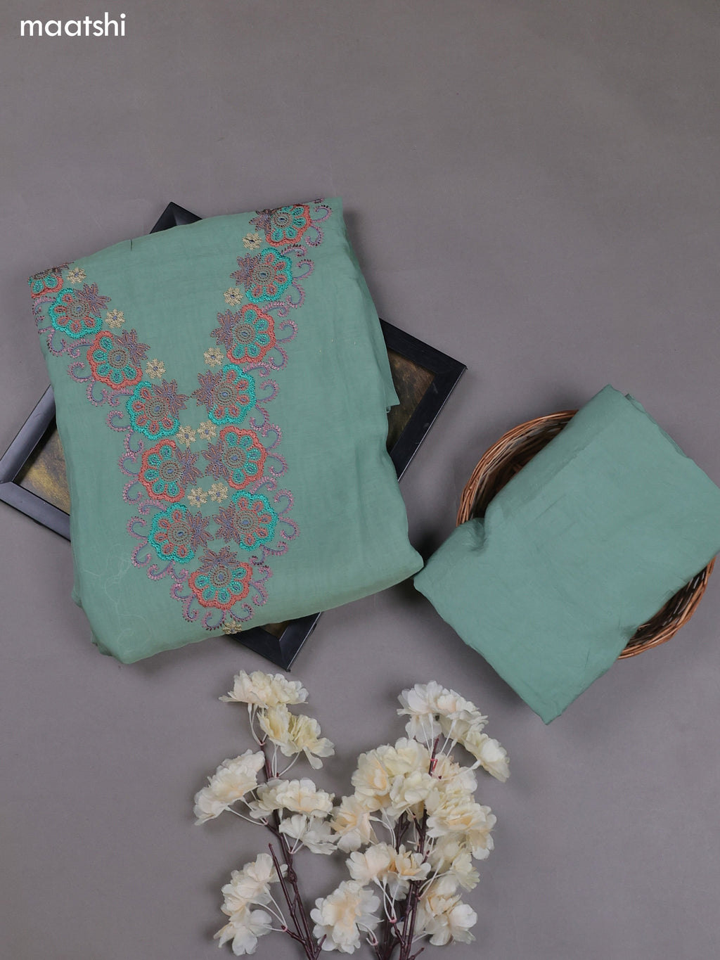 Pastel Green Mul Chanderi Dress Materials With Embroidery Work Neck Pattern