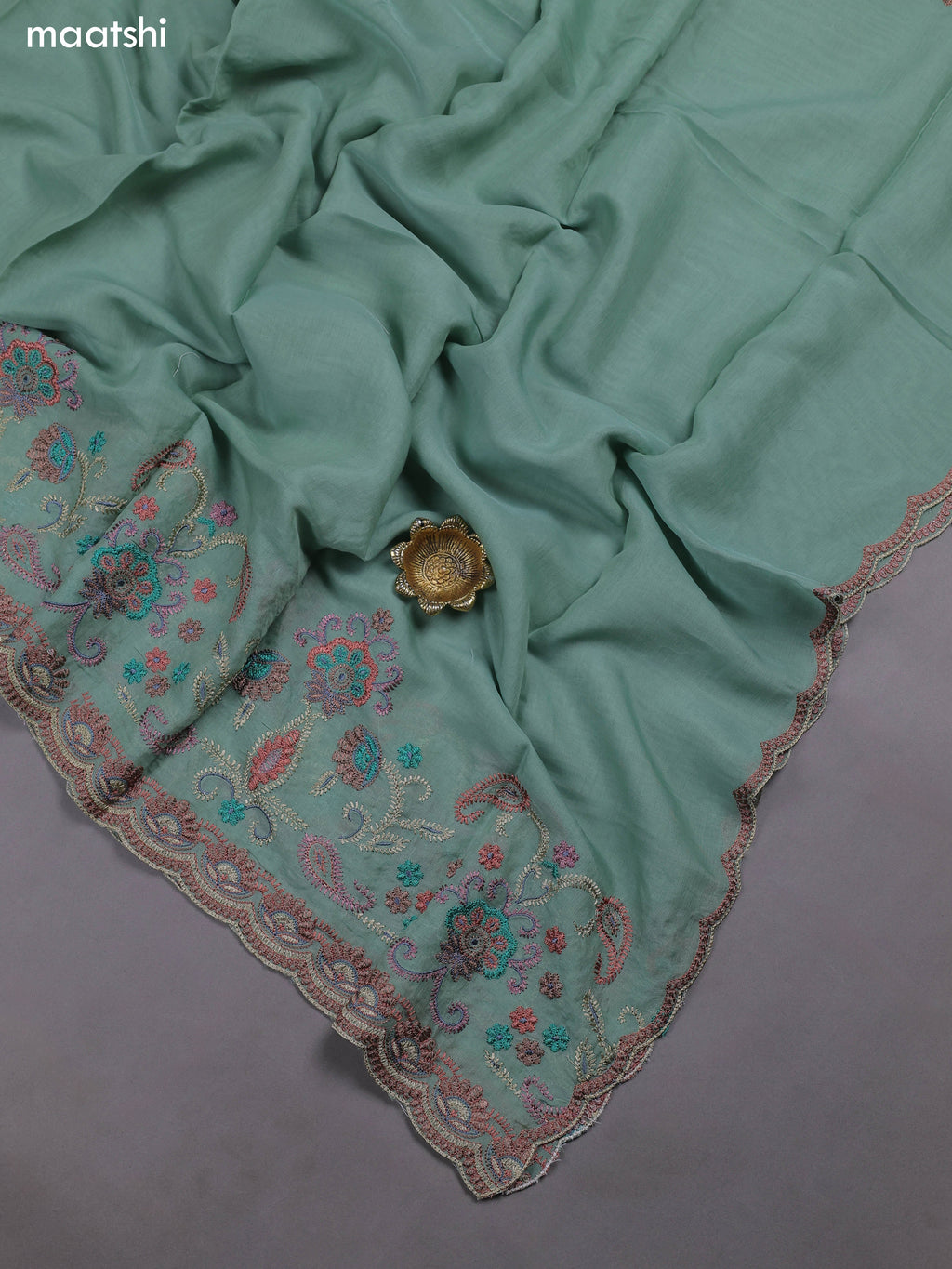 Pastel Green Mul Chanderi Dress Materials With Embroidery Work Neck Pattern