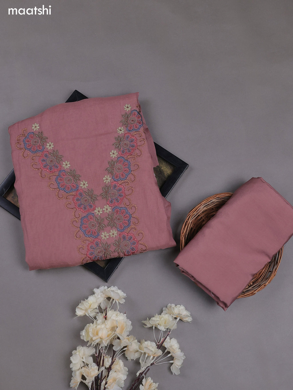 Mauve Pink Mul Chanderi Dress Materials With Embroidery Work Neck Pattern