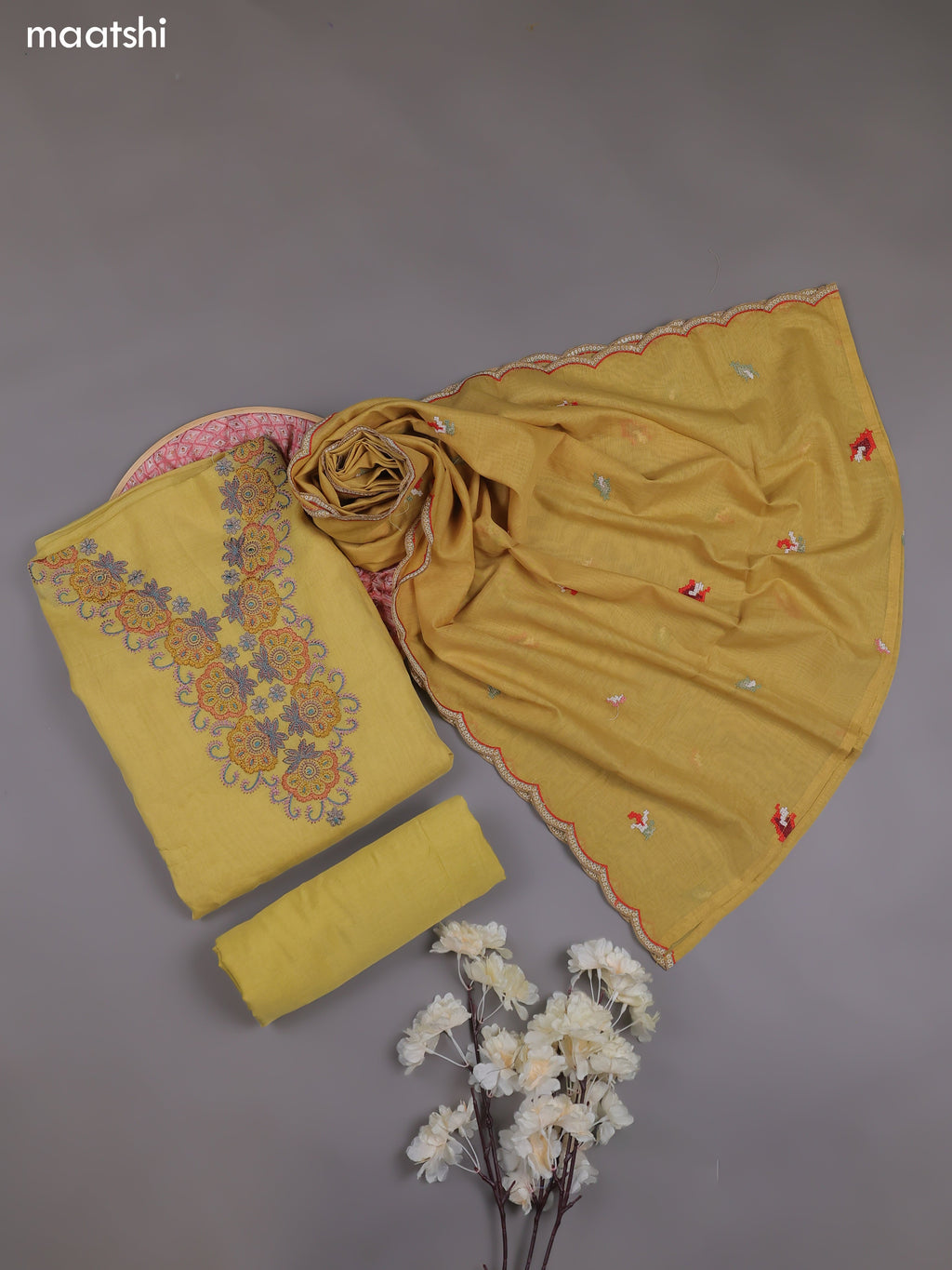 Pale Yellow Mul Chanderi Dress Materials With Embroidery Work Neck Pattern