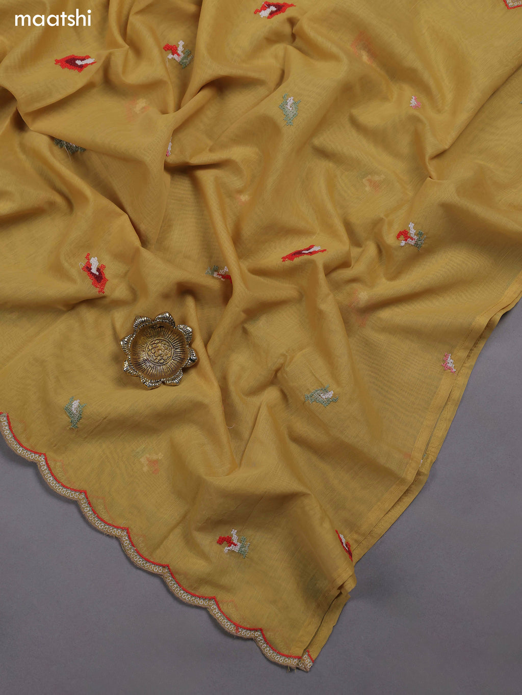 Pale Yellow Mul Chanderi Dress Materials With Embroidery Work Neck Pattern