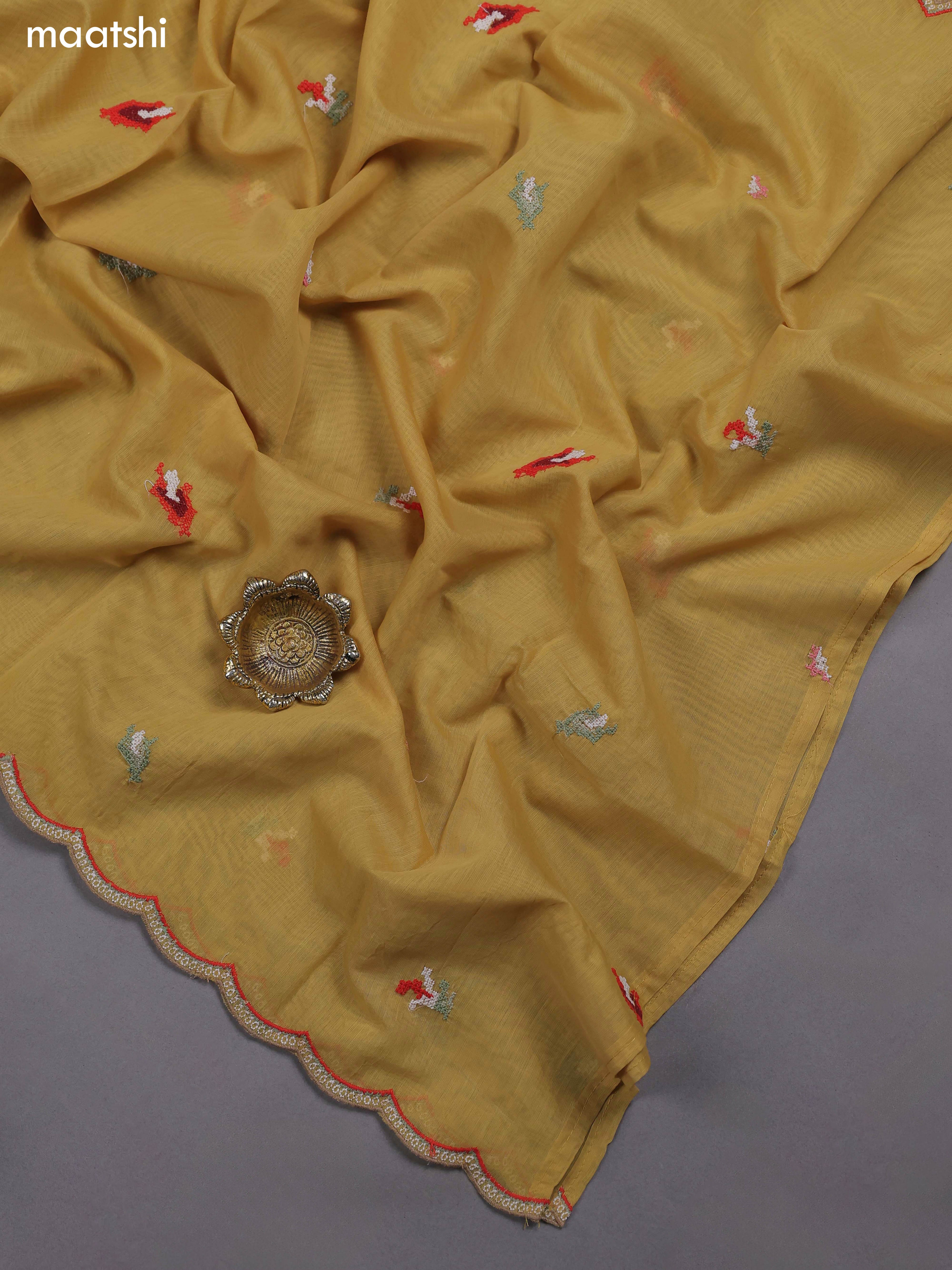 Pale Yellow Mul Chanderi Dress Materials With Embroidery Work Neck Pattern