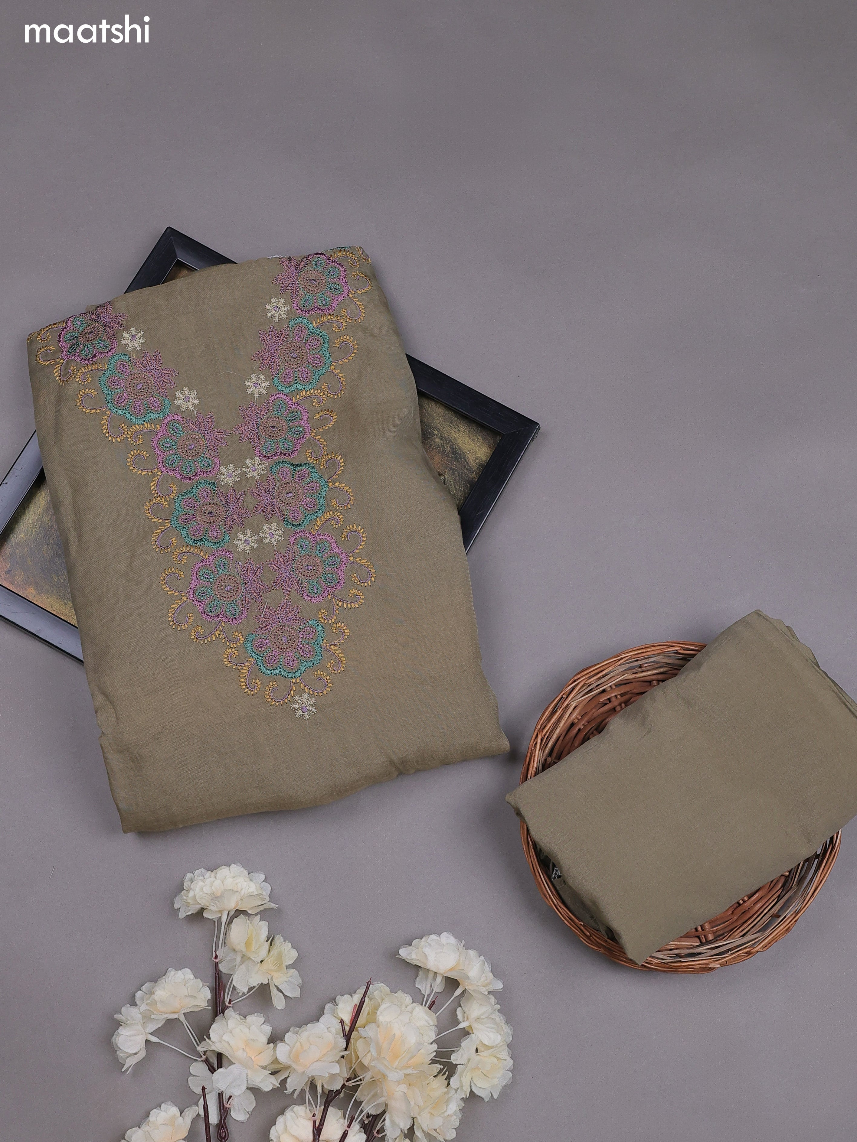 Dark Grey Mul Chanderi Dress Materials With Embroidery Work Neck Pattern