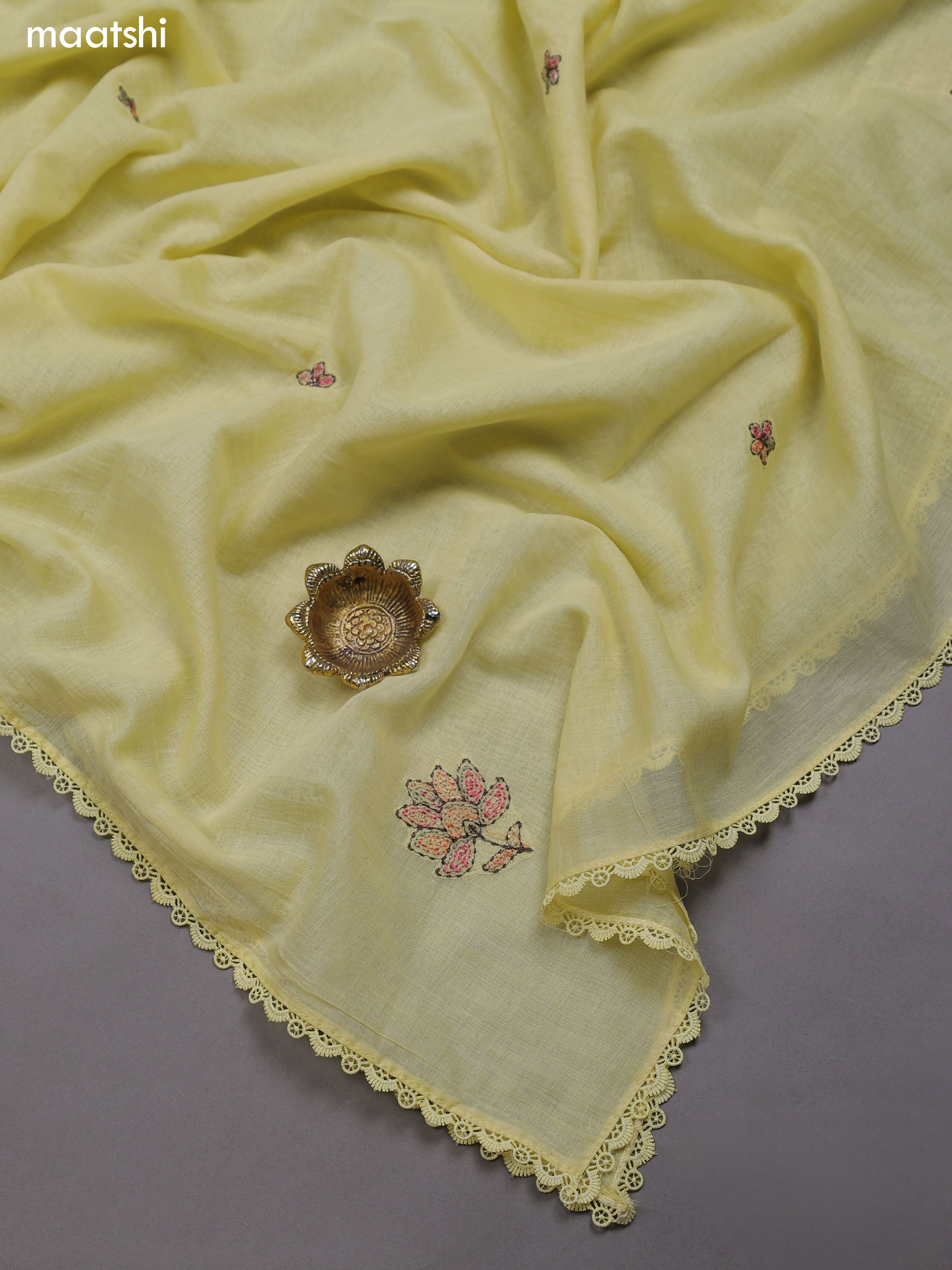 Pale Yellow Mul Chanderi Dress Materials With Floral Embroidery Work Butta Pattern