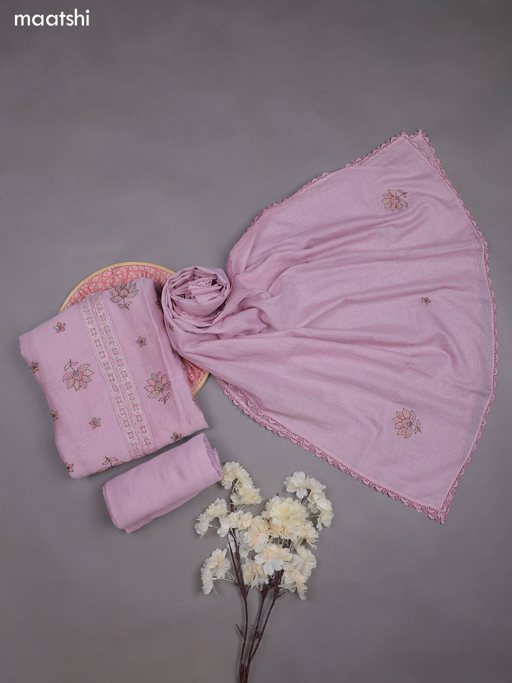 Pestel Pink Mul Chanderi Dress Materials With Floral Embroidery Work Butta Pattern