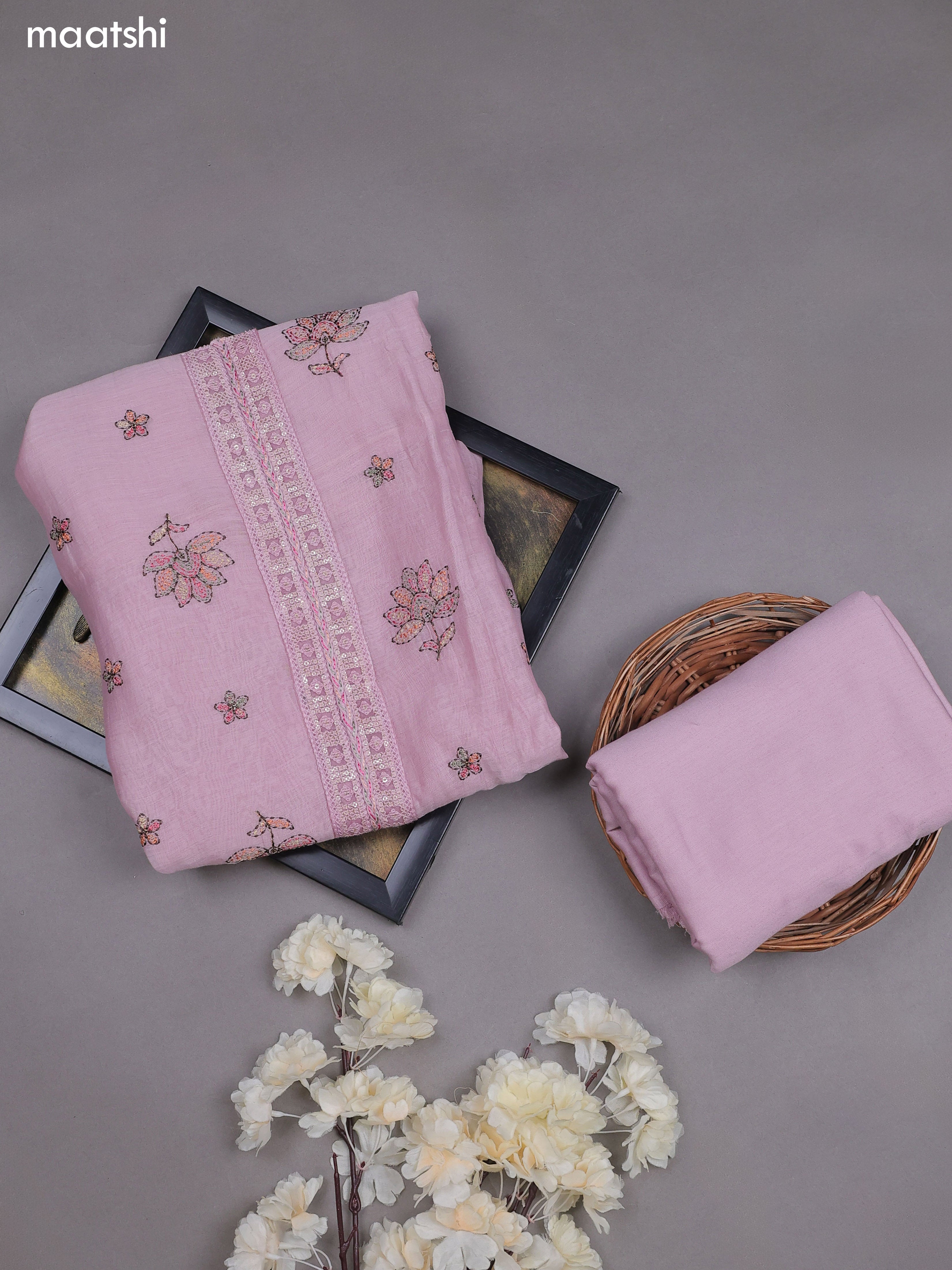 Pestel Pink Mul Chanderi Dress Materials With Floral Embroidery Work Butta Pattern