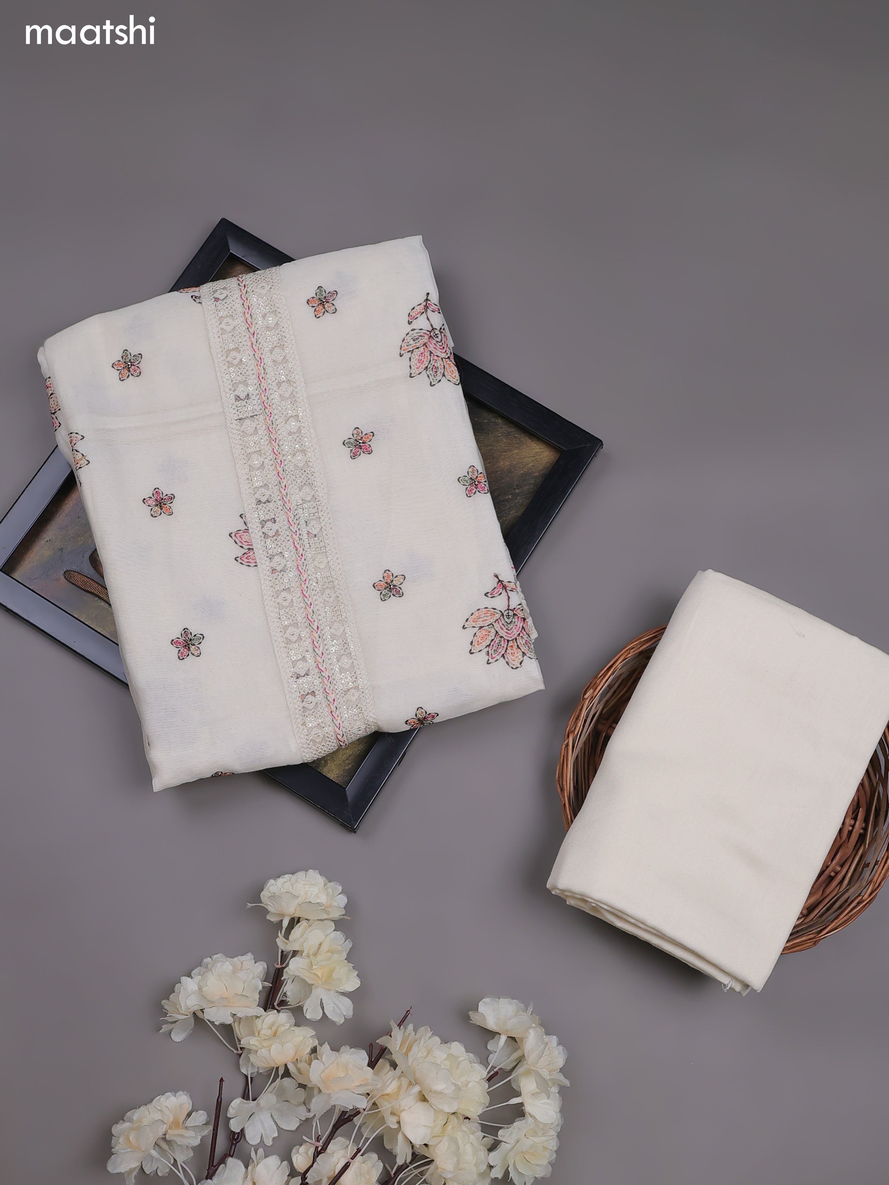 Off White Mul Chanderi Dress Materials With Floral Embroidery Work Butta Pattern