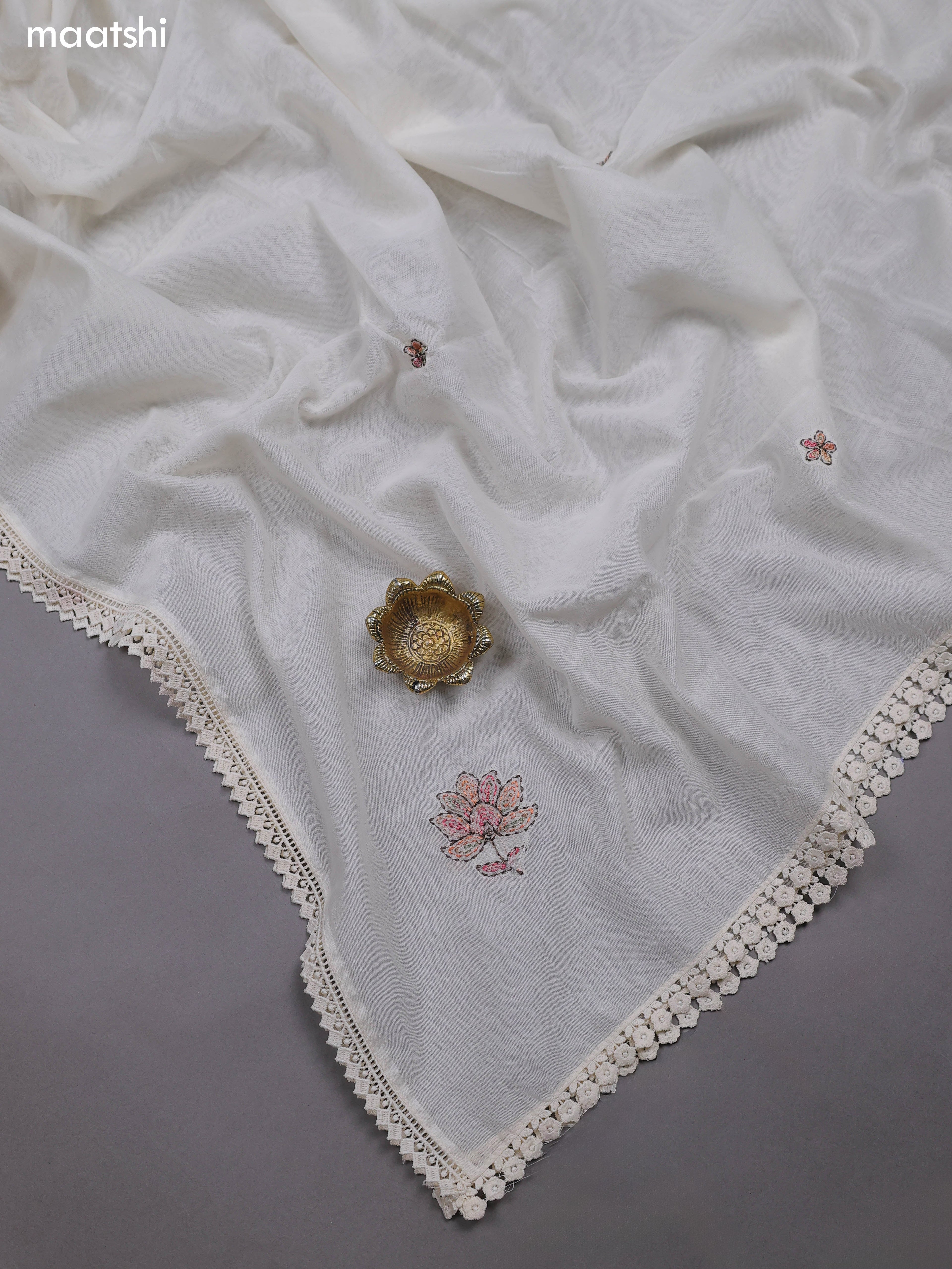Off White Mul Chanderi Dress Materials With Floral Embroidery Work Butta Pattern