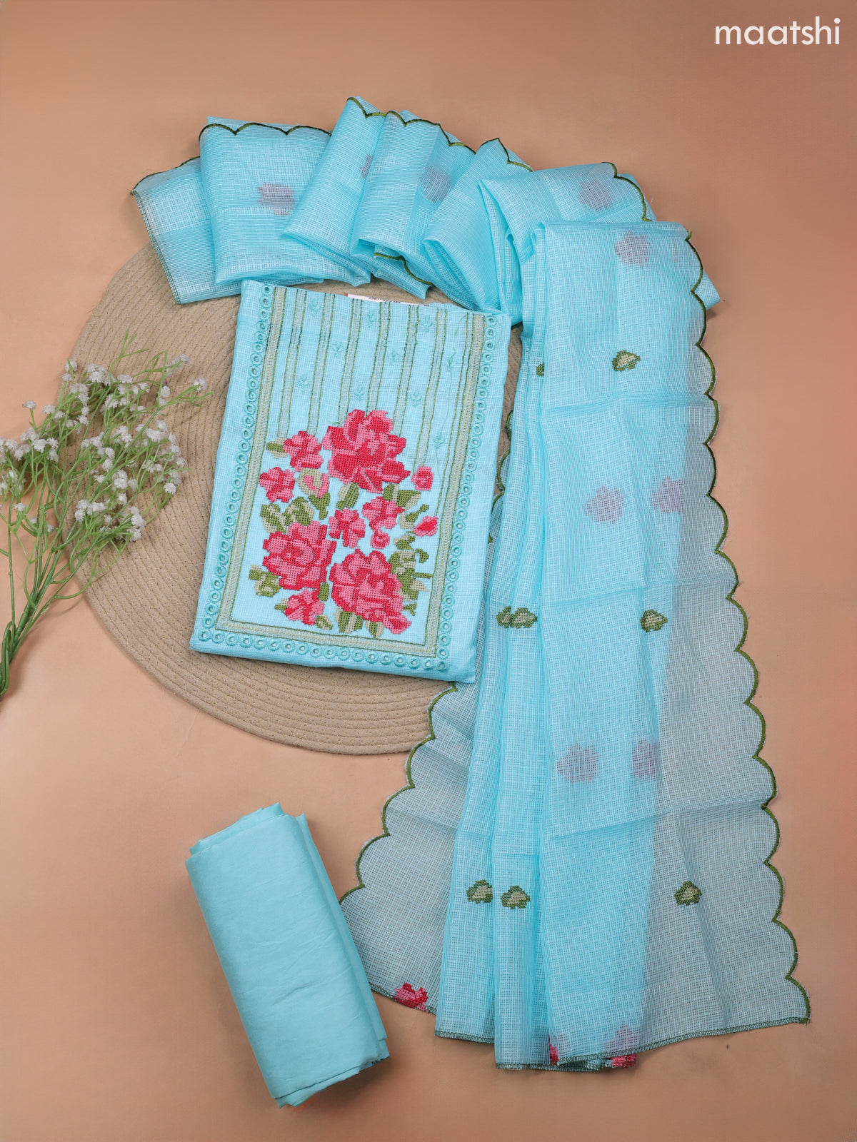 Teal Blue Kota Dress Material With Embroidery Work Neck Pattern and Bottom & Kota Dupatta