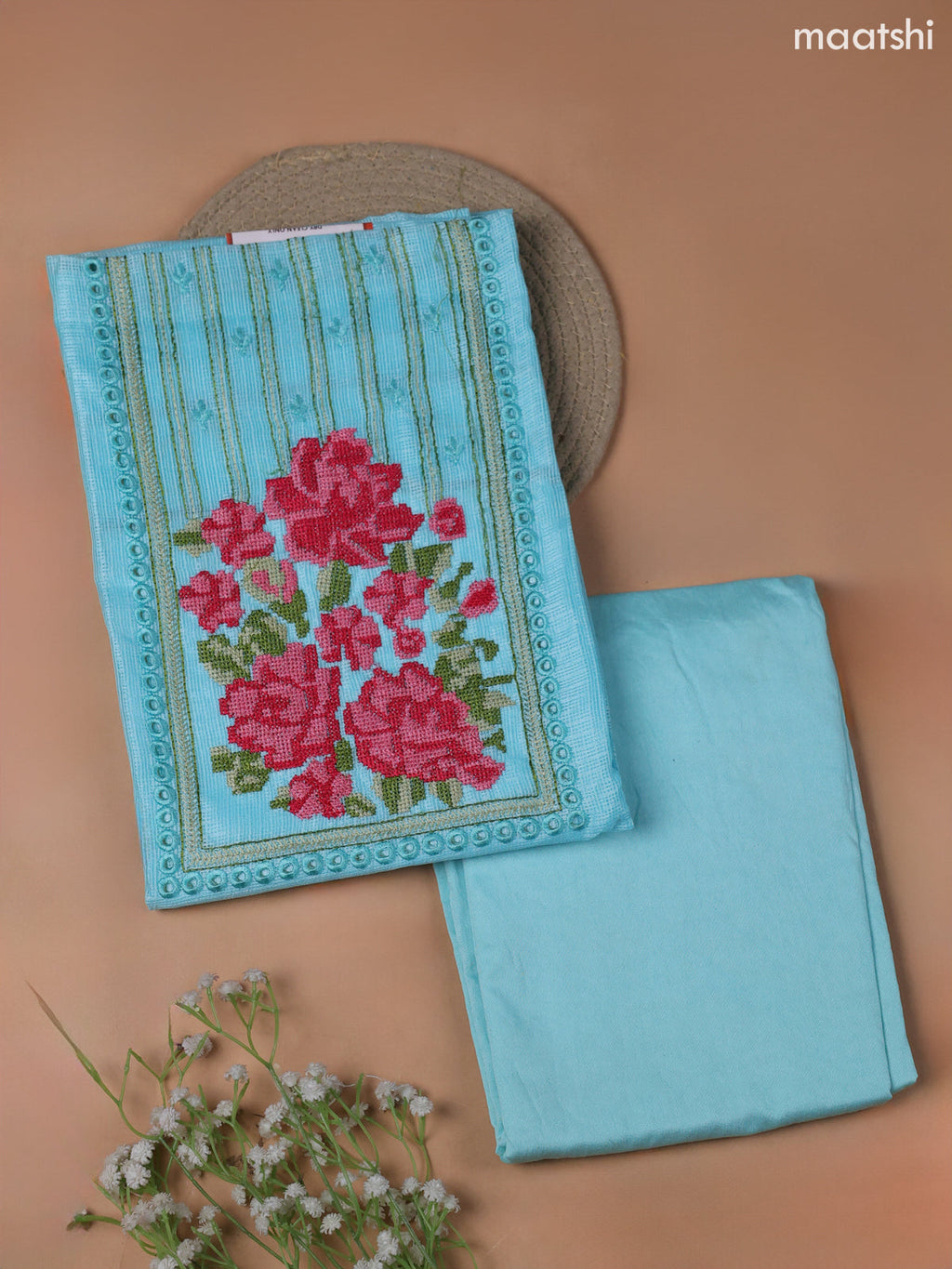 Teal Blue Kota Dress Material With Embroidery Work Neck Pattern and Bottom & Kota Dupatta
