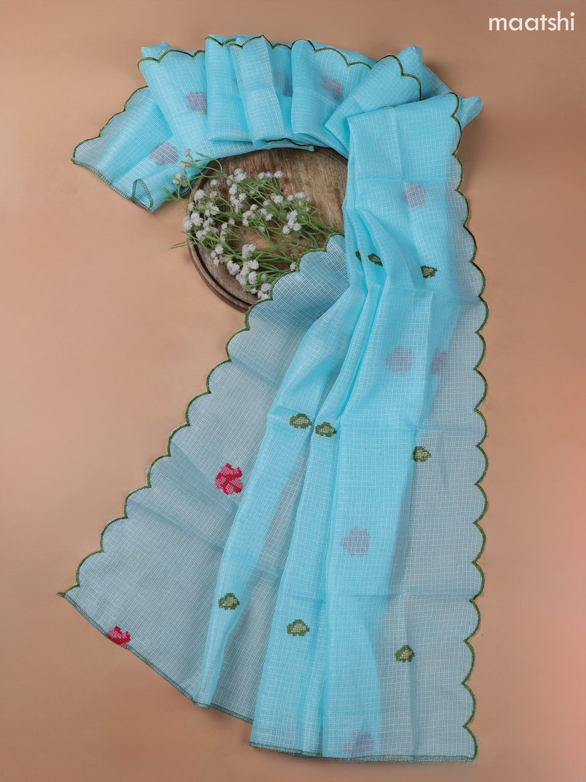 Teal Blue Kota Dress Material With Embroidery Work Neck Pattern and Bottom & Kota Dupatta