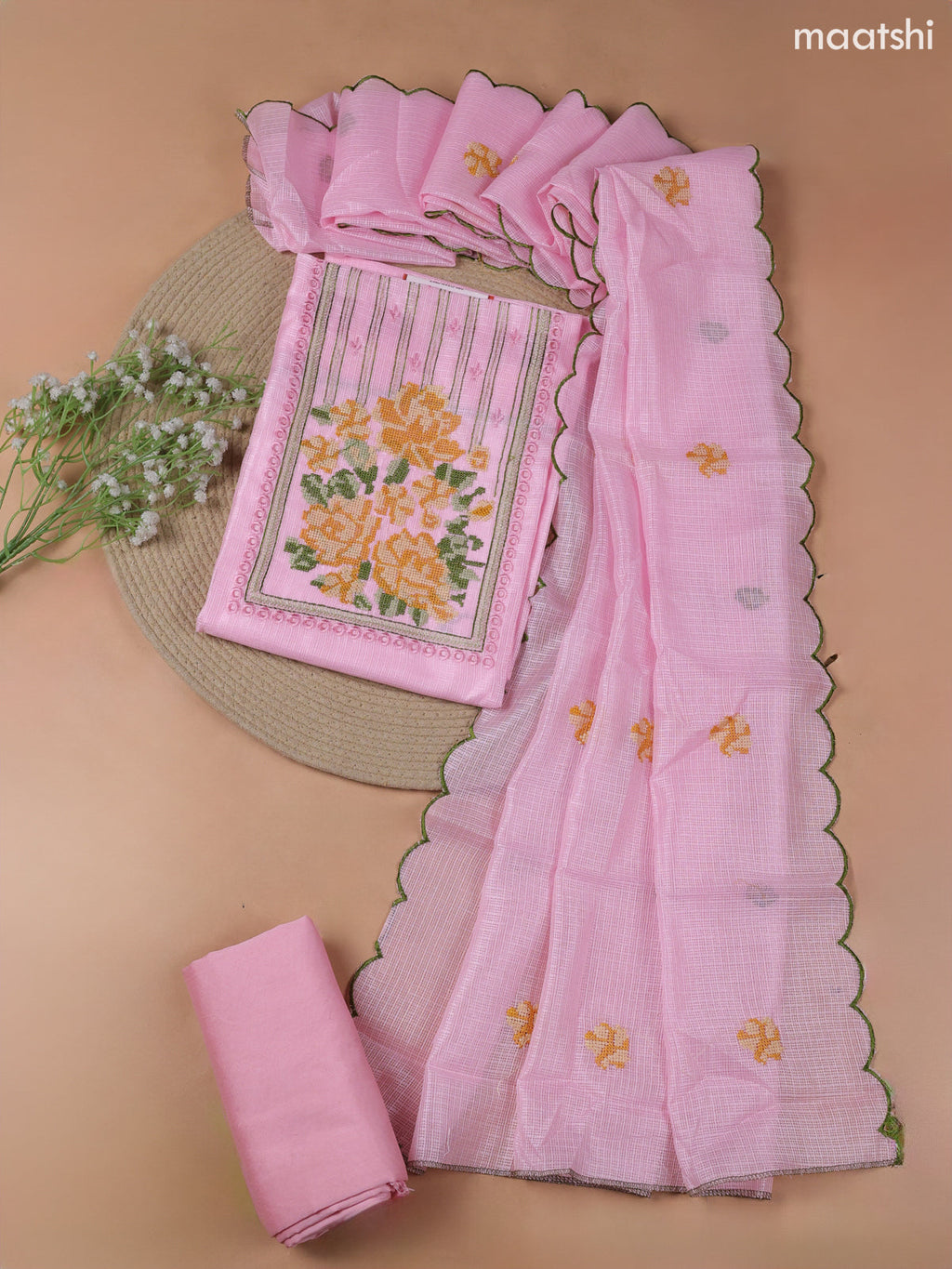Pink Kota Dress Material With Embroidery Work Neck Pattern and Bottom & Kota Dupatta