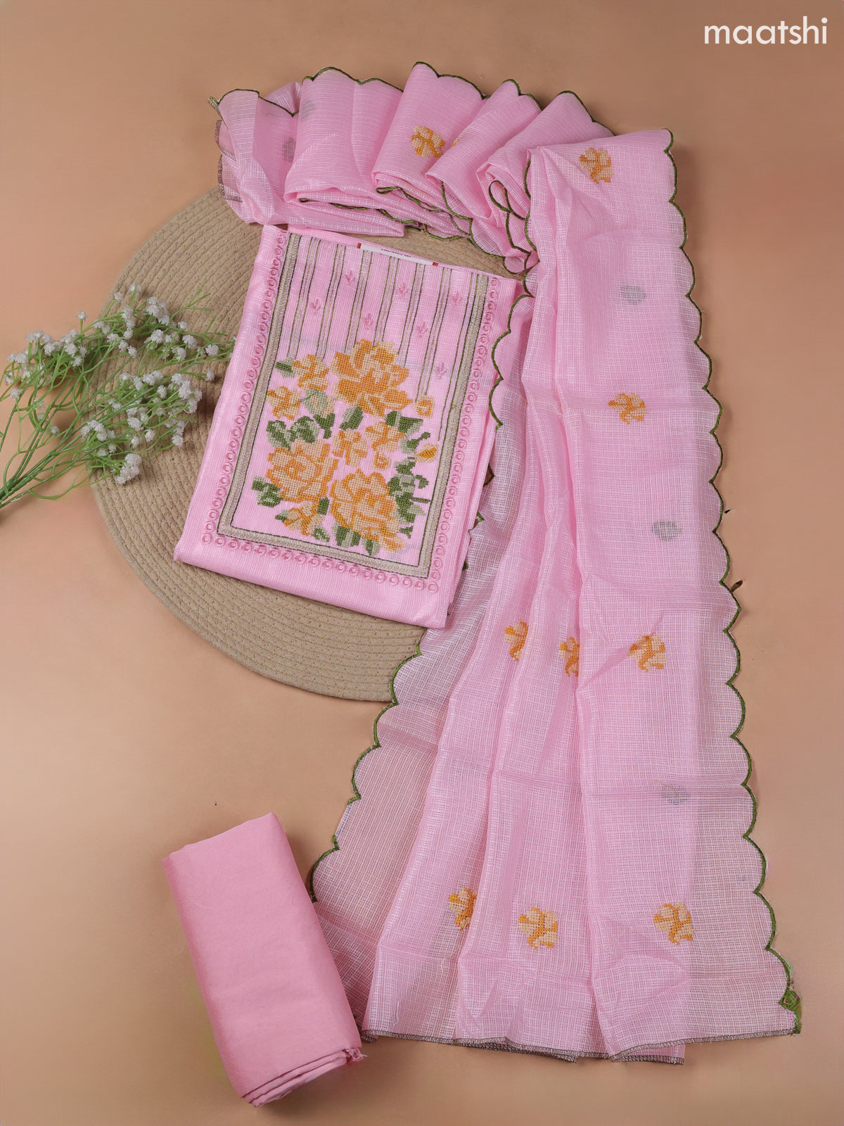 Pink Kota Dress Material With Embroidery Work Neck Pattern and Bottom & Kota Dupatta