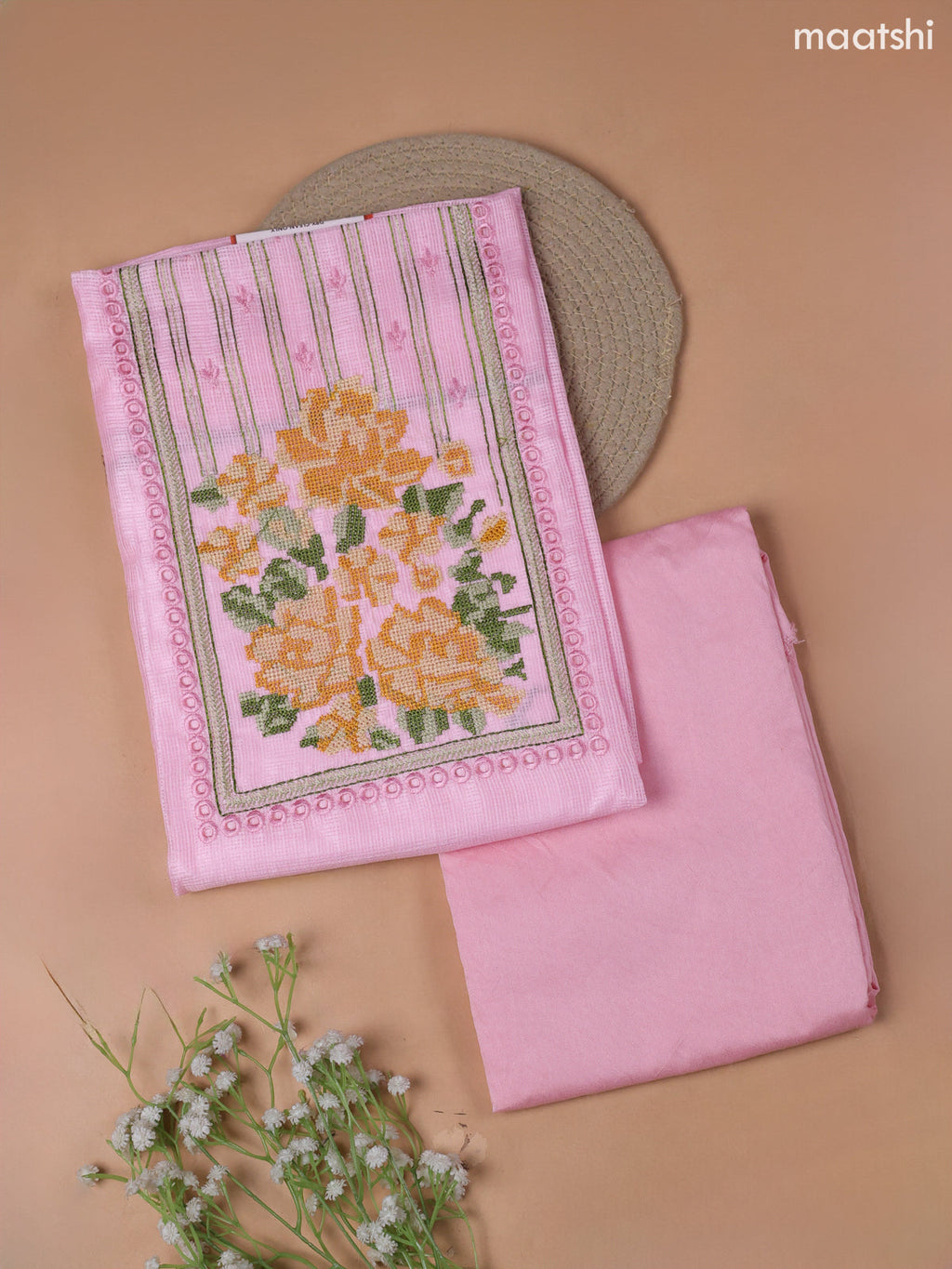 Pink Kota Dress Material With Embroidery Work Neck Pattern and Bottom & Kota Dupatta