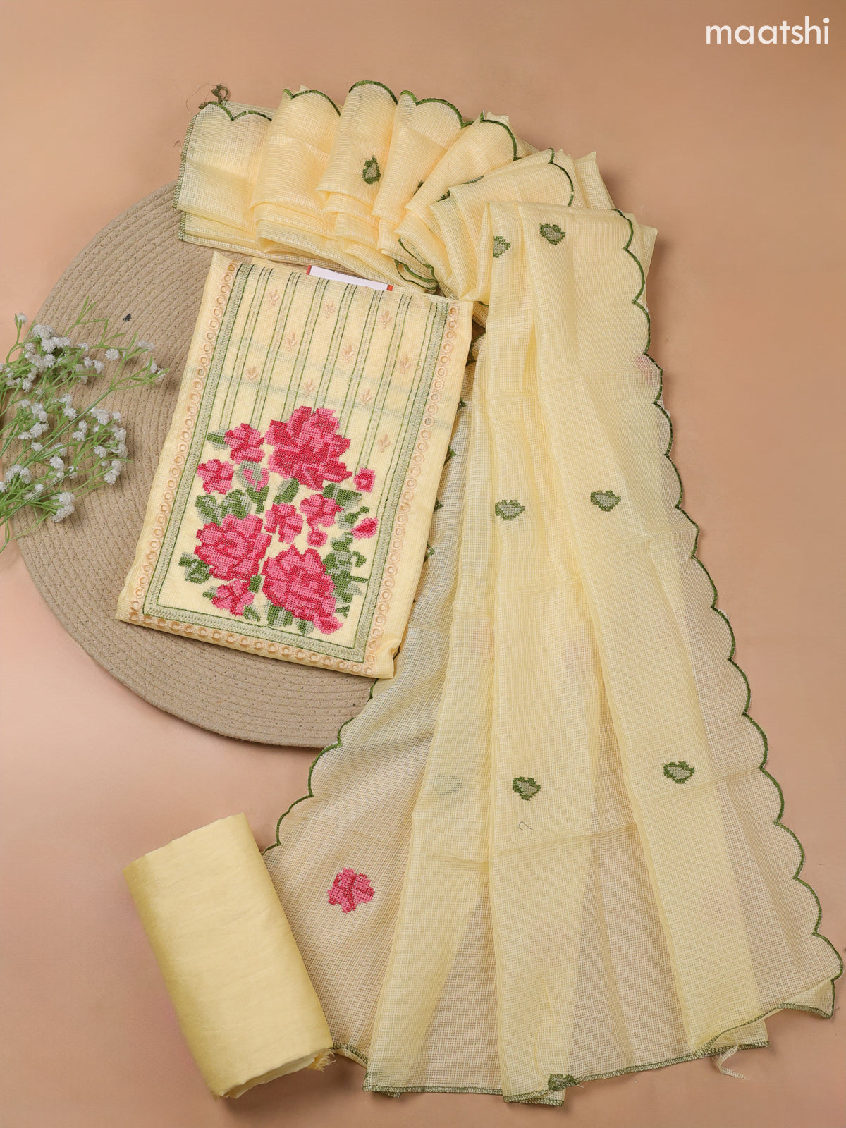 Yellow Kota Dress Material With Embroidery Work Neck Pattern and Bottom & Kota Dupatta