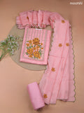 Peach Kota Dress Material With Embroidery Work Neck Pattern and Bottom & Kota Dupatta