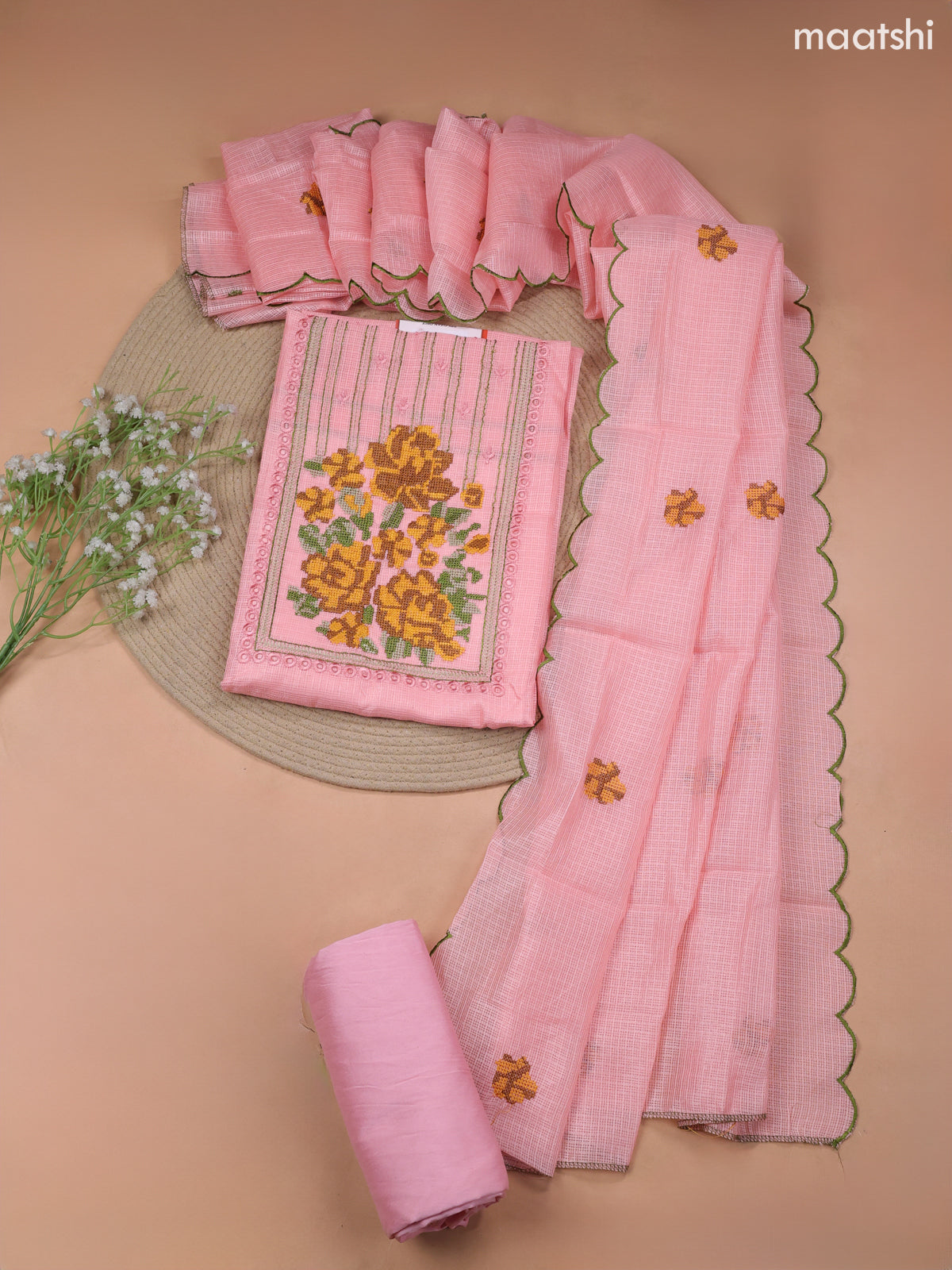Peach Kota Dress Material With Embroidery Work Neck Pattern and Bottom & Kota Dupatta