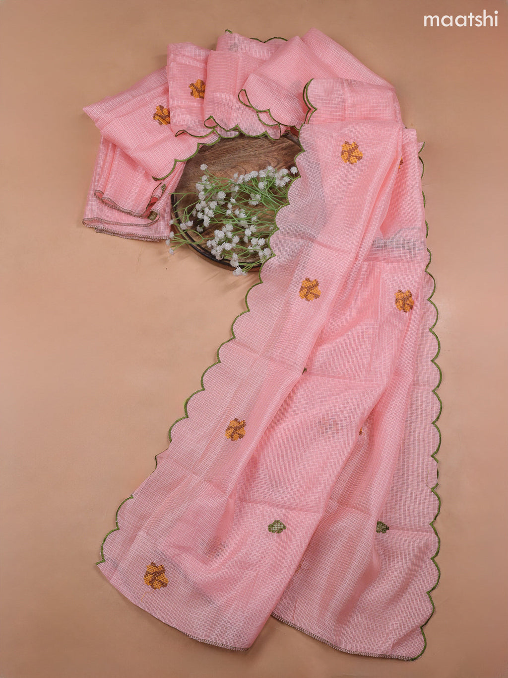 Peach Kota Dress Material With Embroidery Work Neck Pattern and Bottom & Kota Dupatta