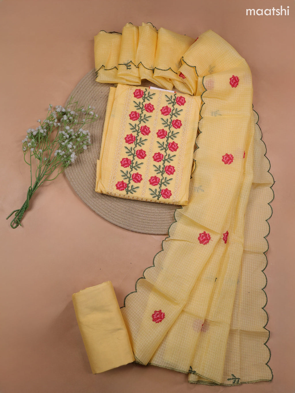 Yellow Kota Dress Material With Embroidery Work Neck Pattern and Bottom & Kota Dupatta