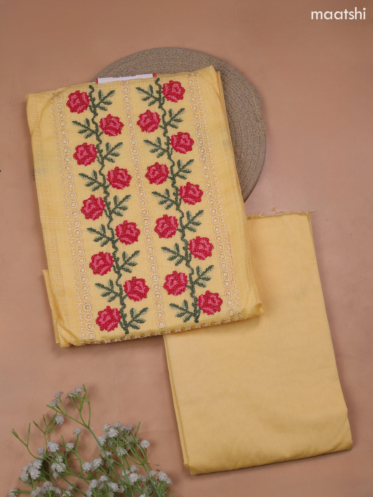 Yellow Kota Dress Material With Embroidery Work Neck Pattern and Bottom & Kota Dupatta