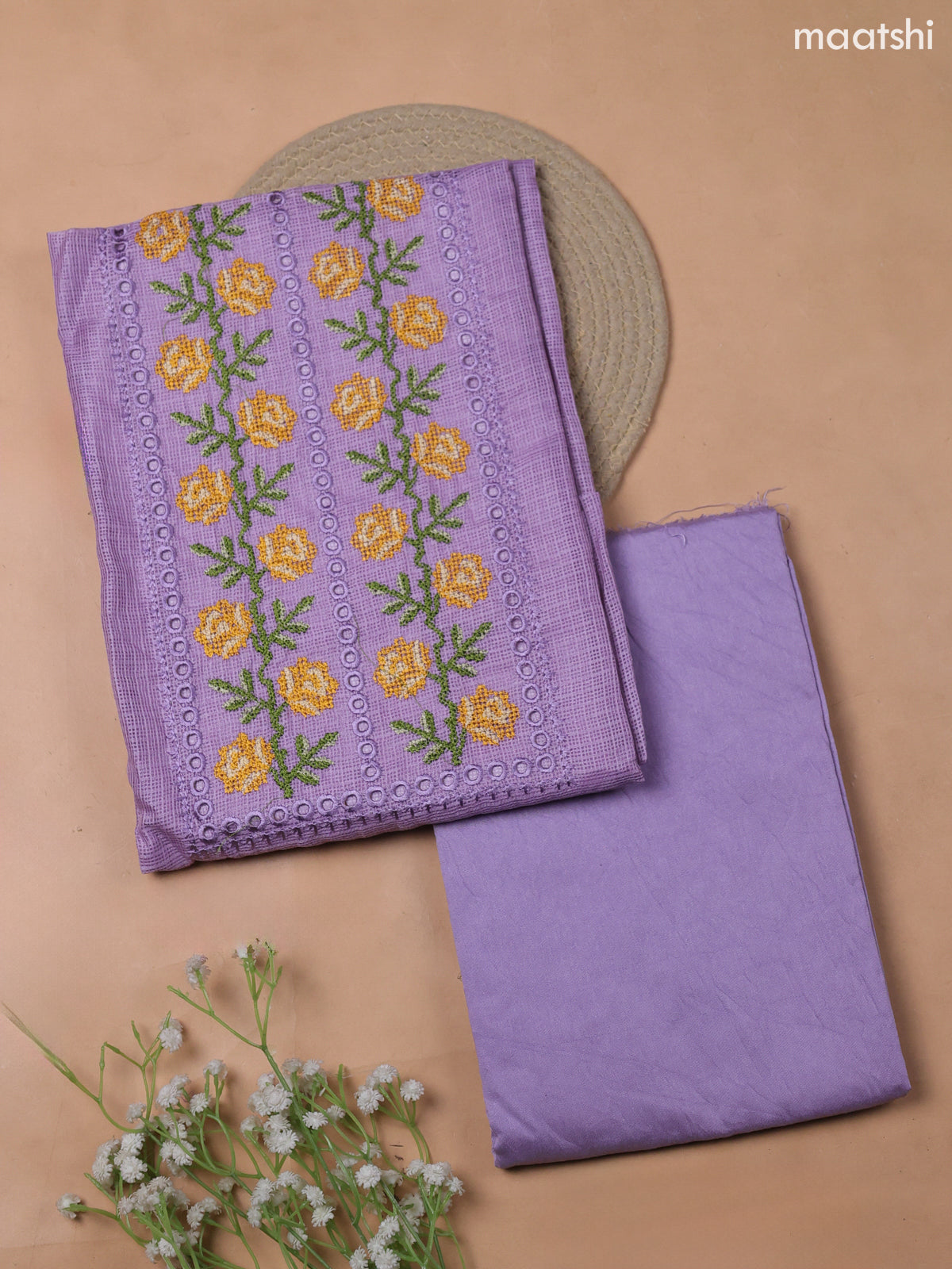 Lavender Kota Dress Material With Embroidery Work Neck Pattern and Bottom & Kota Dupatta