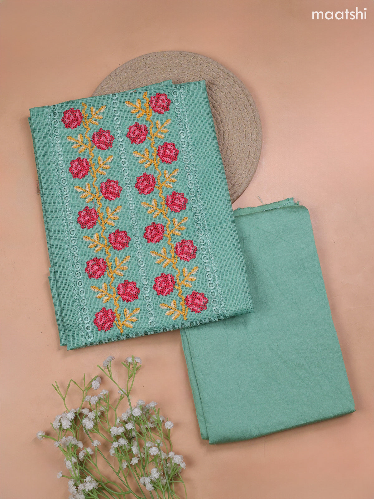 Pastel Green Kota Dress Material With Embroidery Work Neck Pattern and Bottom & Kota Dupatta