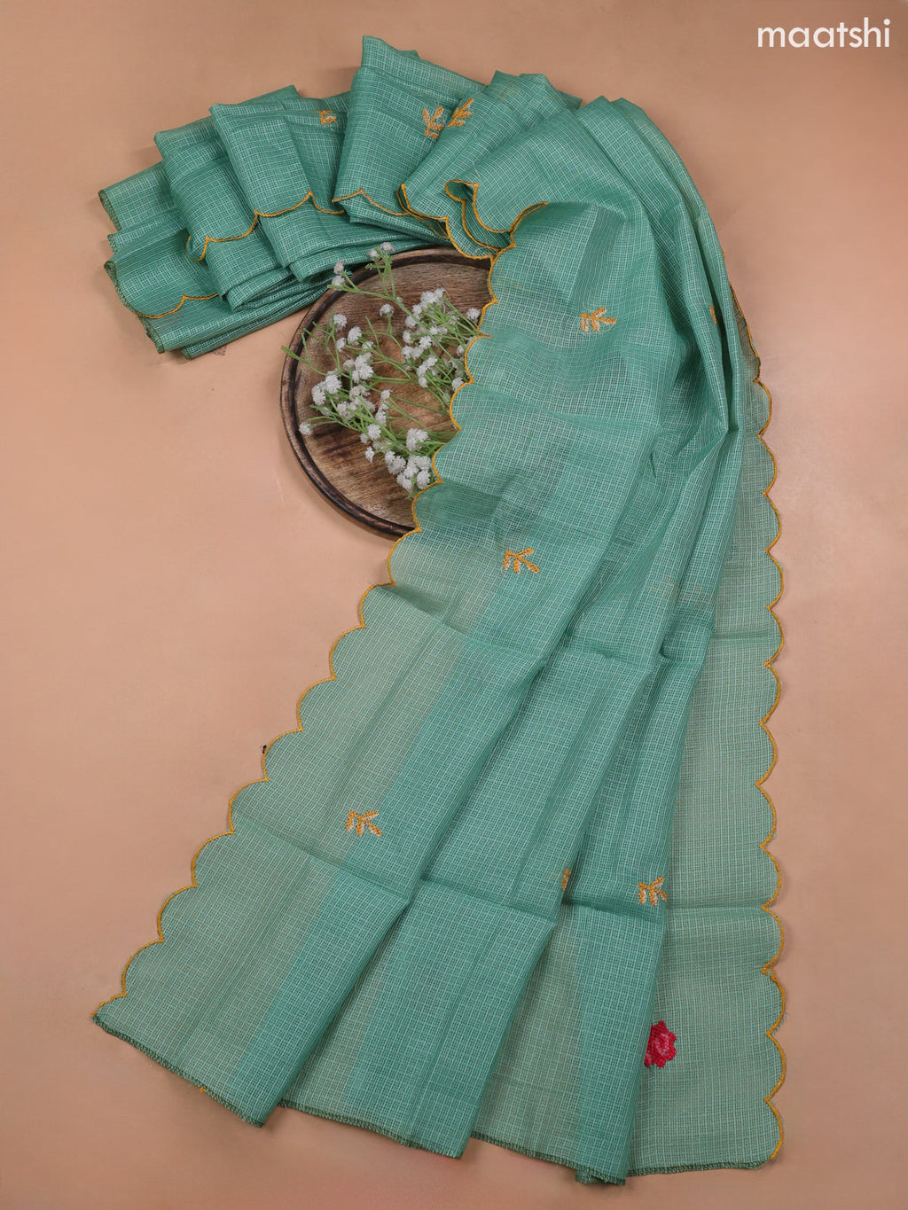 Pastel Green Kota Dress Material With Embroidery Work Neck Pattern and Bottom & Kota Dupatta
