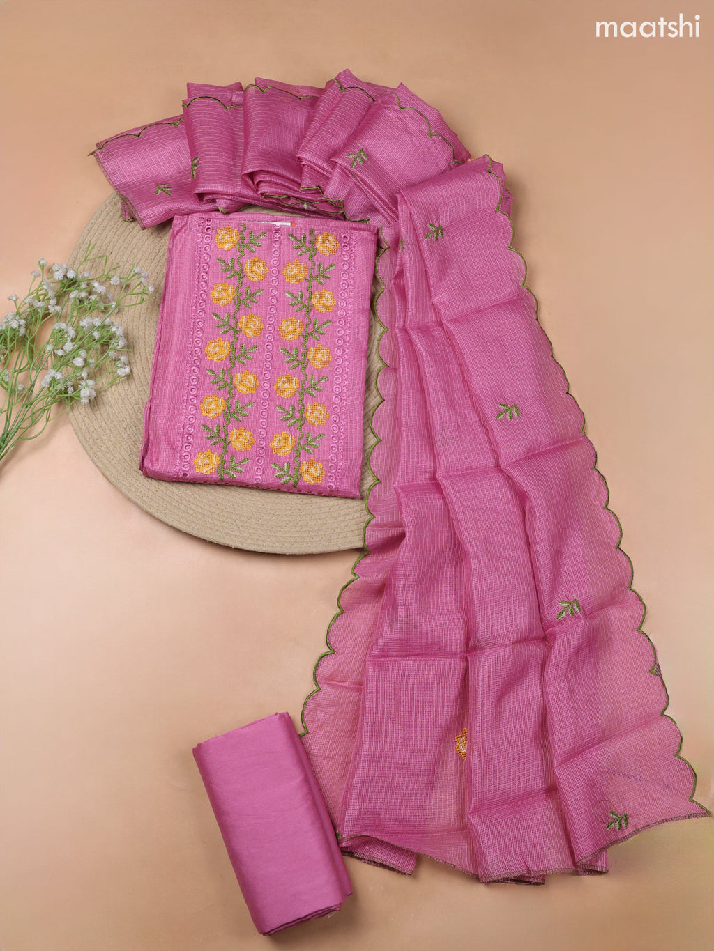 Pink Kota Dress Material With Embroidery Work Neck Pattern and Bottom & Kota Dupatta