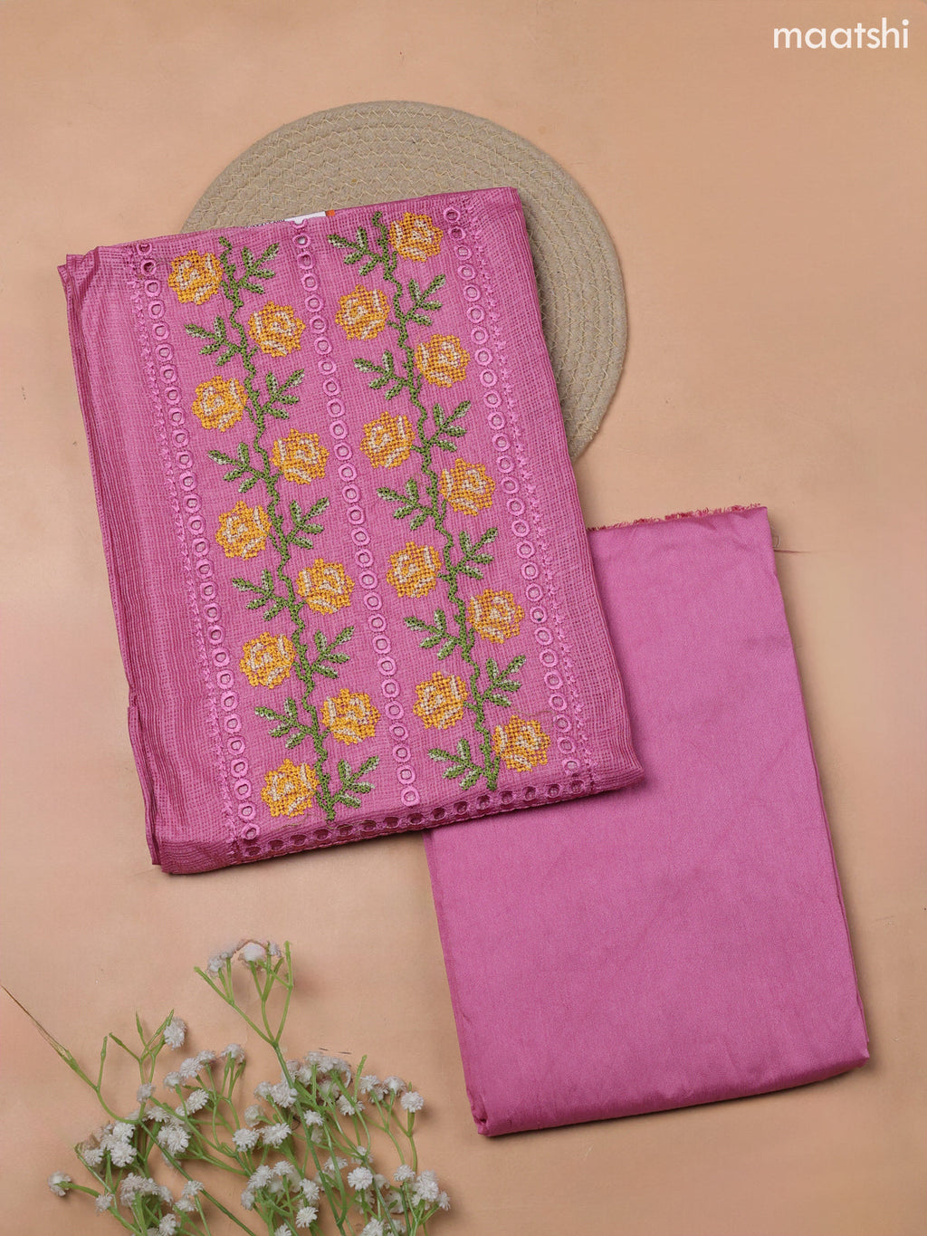 Pink Kota Dress Material With Embroidery Work Neck Pattern and Bottom & Kota Dupatta