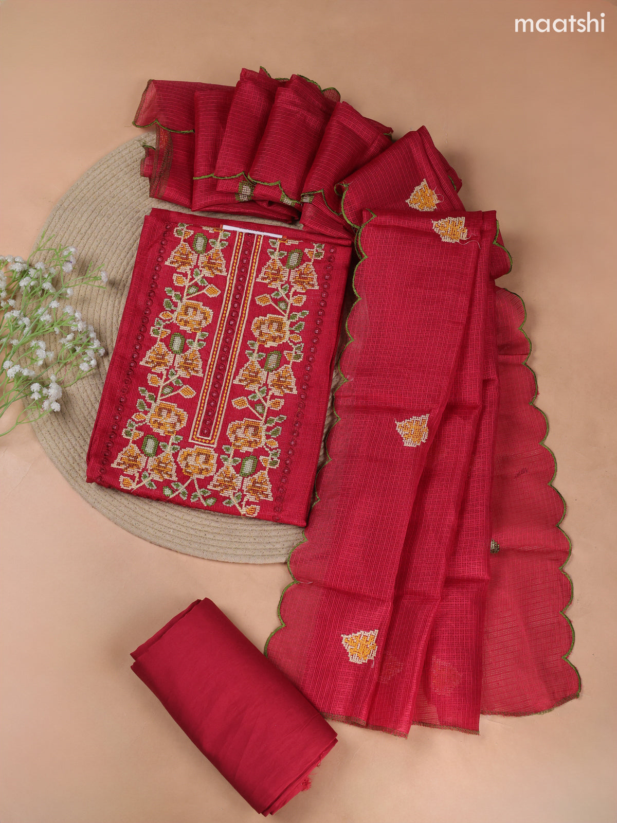Maroon Kota Dress Material With Embroidery Work Neck Pattern and Bottom & Kota Dupatta