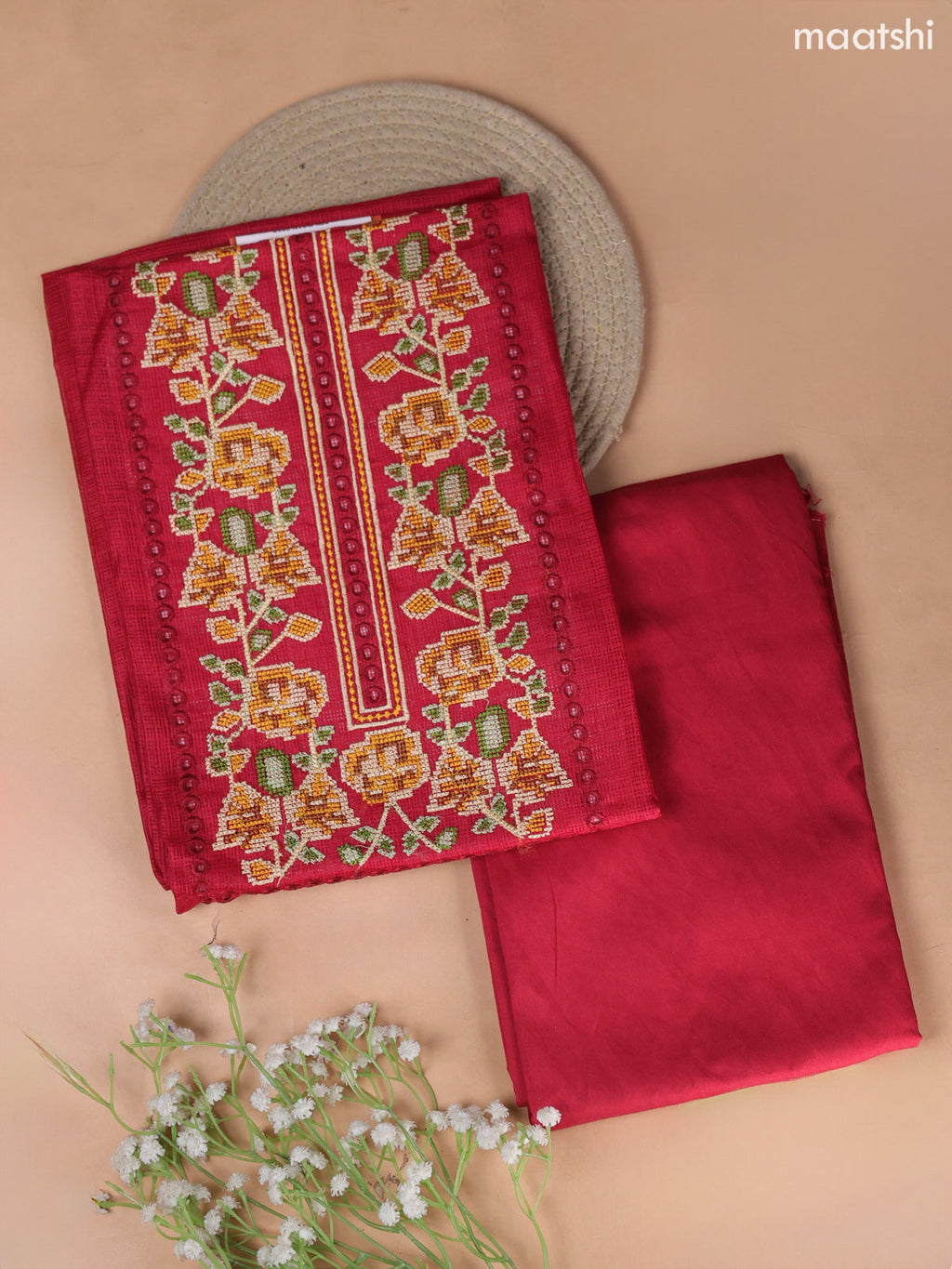 Maroon Kota Dress Material With Embroidery Work Neck Pattern and Bottom & Kota Dupatta