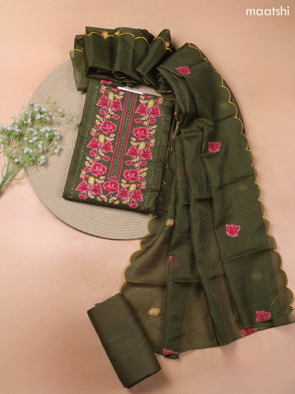 Sap Green Kota Dress Material With Embroidery Work Neck Pattern and Bottom & Kota Dupatta