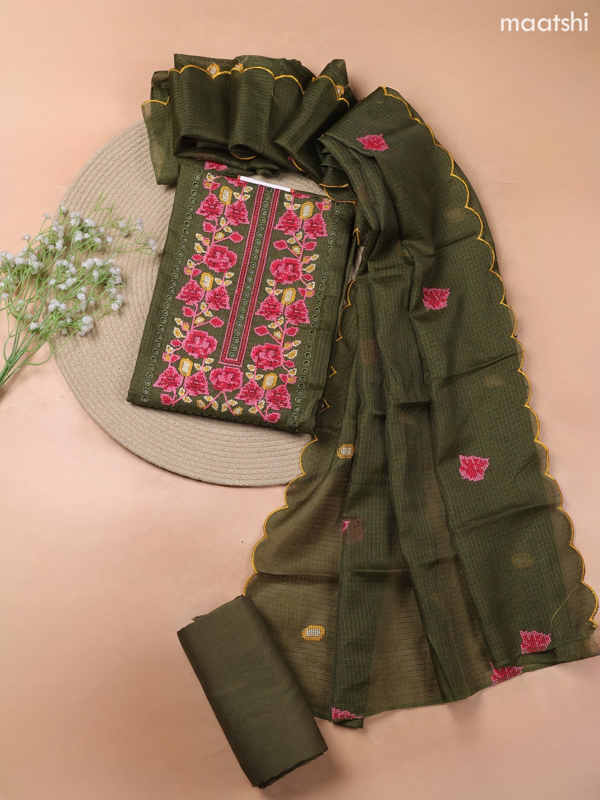 Sap Green Kota Dress Material With Embroidery Work Neck Pattern and Bottom & Kota Dupatta