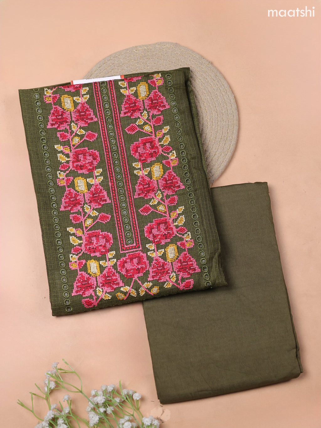 Sap Green Kota Dress Material With Embroidery Work Neck Pattern and Bottom & Kota Dupatta