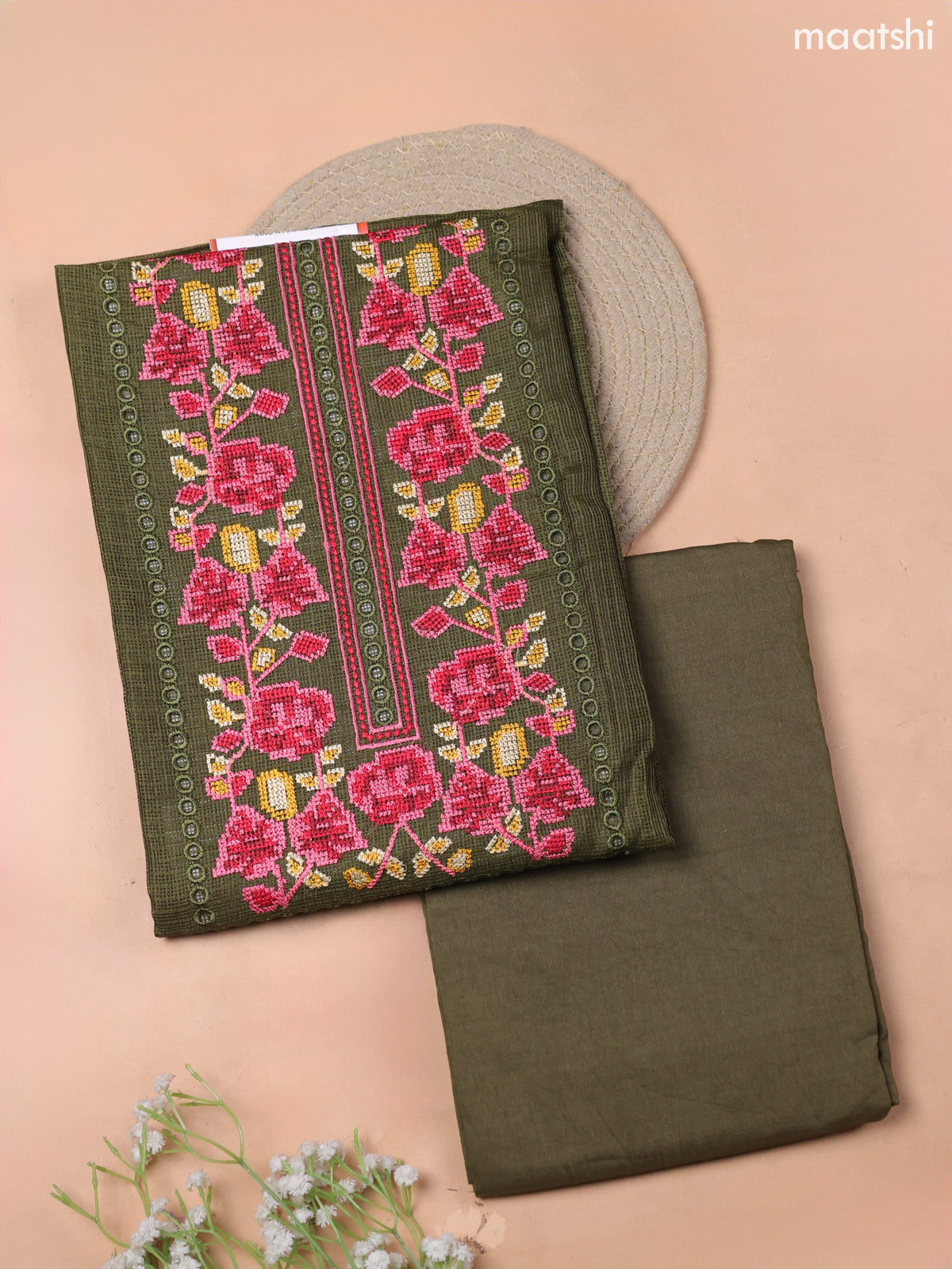 Sap Green Kota Dress Material With Embroidery Work Neck Pattern and Bottom & Kota Dupatta